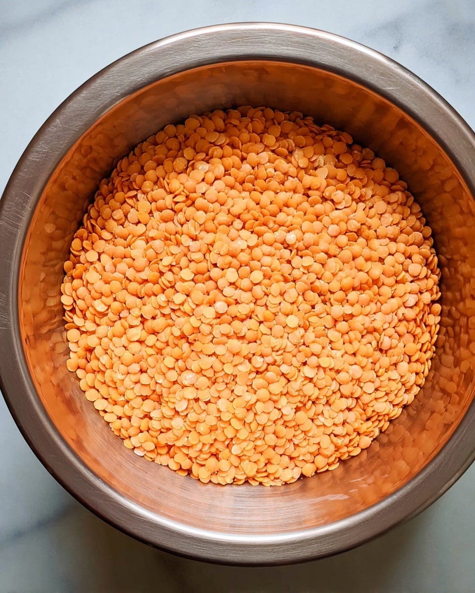 A close-up top view of a large metal bowl filled with small, round, orange lentils spread evenly inside. The shiny silver surface of the bowl reflects light and the lentils, creating soft shadows along the curved inner sides. The lentils have a matte texture and a bright orange color that contrasts with the smooth metal bowl. The bowl sits on a white marbled surface. photo taken with an iphone --ar 4:5 --v 7