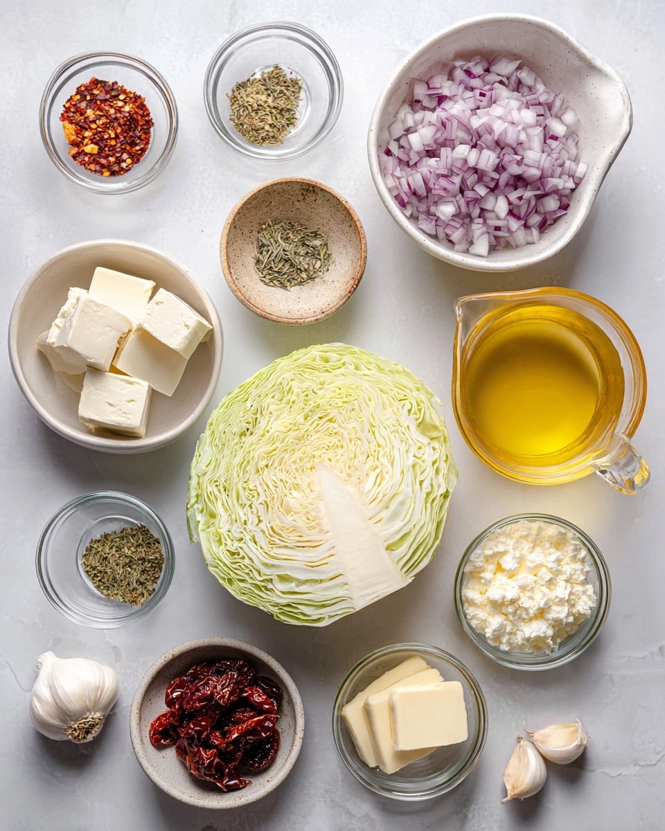 The image shows several small white bowls and glass bowls arranged on a white marbled surface, each holding different ingredients. In the center, there is a bowl with a large piece of pale green cabbage cut in half, showing the dense layers inside. Around it, small bowls hold red chili flakes, dried herbs, black pepper, salt, dried oregano, and rosemary. There are also three cloves of garlic on the surface. To the bottom left, a glass bowl contains white blocks of cream cheese, while another small bowl holds olive oil with a bright yellow color. There is a bowl filled with chopped red onions showing a bright purple and white mix, and next to it, a bowl with sun-dried tomatoes in dark red oil. At the right side, a small glass bowl contains two pats of pale yellow butter, with a small bowl of grated white cheese below it and another bowl with cream nearby. At the top right, a large glass measuring cup holds a golden broth. The overall color scheme is light with natural colors from the fresh ingredients. Photo taken with an iphone --ar 4:5 --v 7