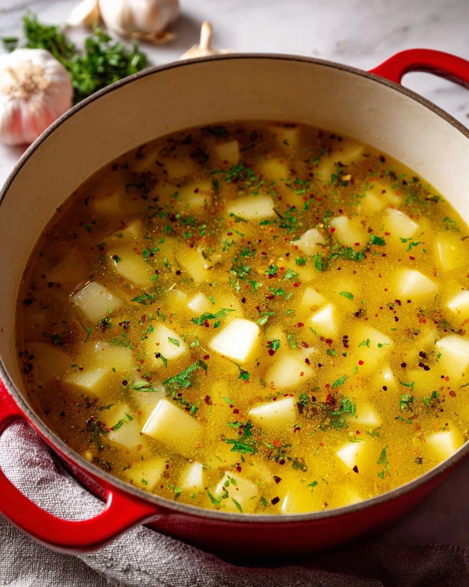 A close-up view of a red pot filled with a clear yellow broth that contains small, cubed potato pieces. The soup is sprinkled with finely chopped green herbs, creating a contrast against the yellow liquid and white potato cubes. Tiny black and red specks of seasoning are visible floating on the surface. The pot sits on a white marbled surface with a soft gray cloth underneath one side. In the background, there are unpeeled garlic bulbs and green herb sprigs placed slightly out of focus. photo taken with an iphone --ar 4:5 --v 7