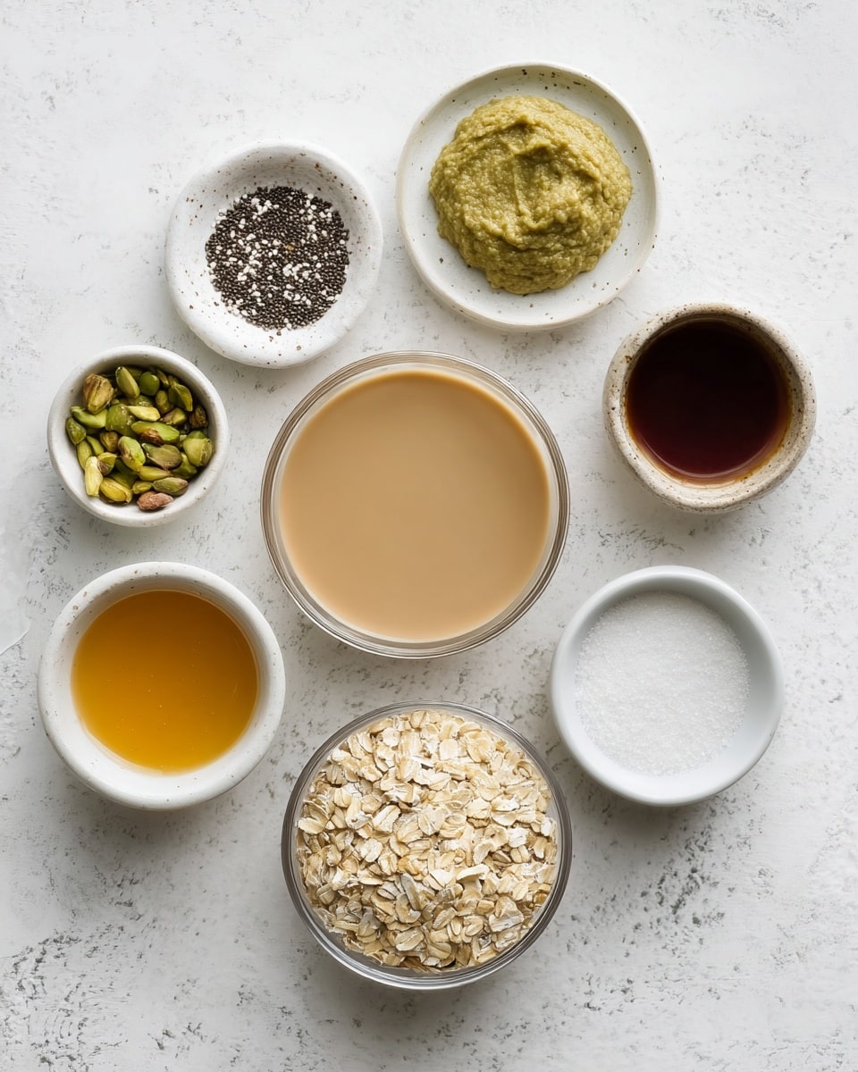 There are nine small white dishes and clear bowls arranged on a white marbled surface. At the center is a clear bowl filled with light brown liquid with a smooth texture. Surrounding it are various ingredients: at the top left, a white dish with small black and white chia seeds; next to it, a white dish holding a thick greenish mustard-colored paste. To the right, a clear bowl with dark brown liquid. Below it and to the right is a clear bowl filled with pale beige rolled oats. Below the center bowl, there is a clear bowl with a fine white powder. To its left is a white dish with golden honey or syrup. Above it is a white dish with crushed green nuts. Bottom right holds a small white dish containing white salt or sugar grains. The setup is clean and well-lit, showing the texture and colors clearly, photo taken with an iphone --ar 4:5 --v 7