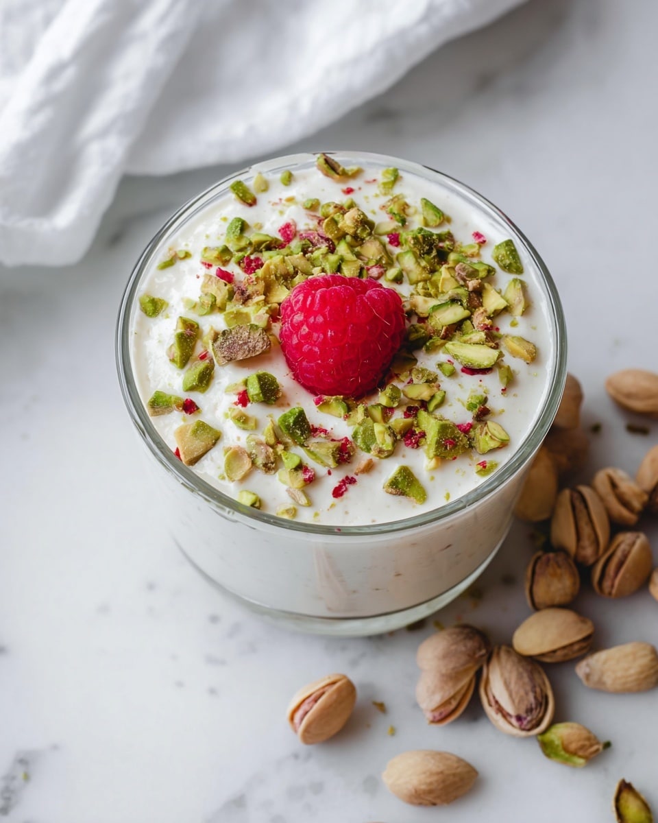 The image shows a glass cup filled with a smooth, white creamy layer topped with small chopped green and brown pistachio pieces scattered evenly over the surface. In the center, there is a bright red raspberry sitting on top of the cream, adding a pop of color. The cup is placed on a white marbled surface with a few whole pistachios, both shelled and unshelled, scattered around it. A white cloth with soft folds is partially visible in the background. Photo taken with an iphone --ar 4:5 --v 7