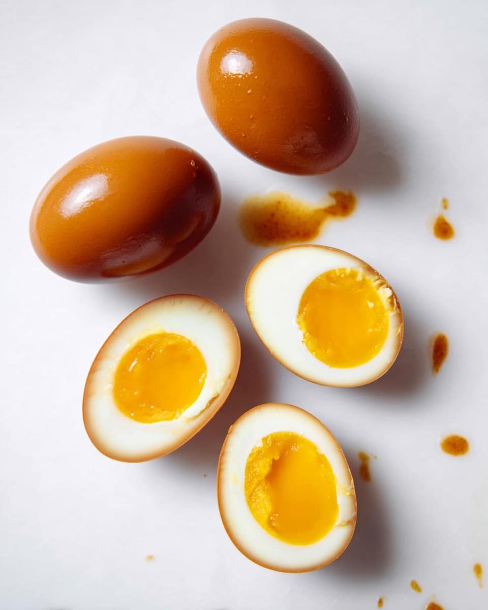 The image shows five eggs with a smooth, shiny brown outer layer, one egg is whole while the other four are cut in half showing three main layers: a thin dark brown outer skin, a white firm egg white in the middle, and a bright yellow yolk in the center. The eggs rest on a clean white marbled surface with small brown sauce spots near the bottom right. The lighting highlights the shiny texture of the whole egg and the soft surfaces of the cut eggs. photo taken with an iphone --ar 4:5 --v 7