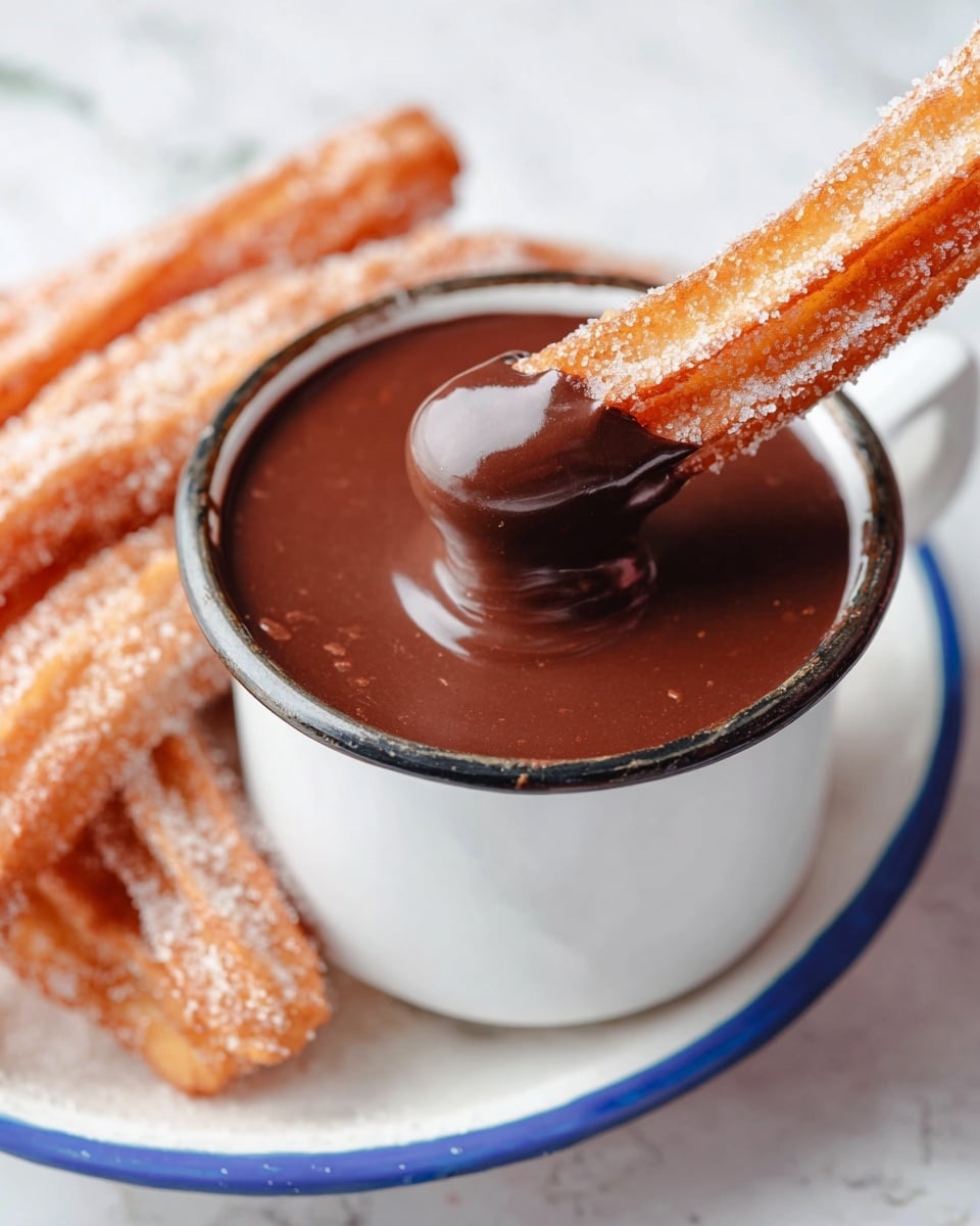 A close-up of a white enamel cup filled with smooth, dark brown chocolate sauce with a shiny surface. A sugar-coated churro, golden brown with a rough texture from the sugar, is dipped halfway into the chocolate sauce. Behind the cup, there is a white plate with blue rim holding several churros piled on top of a white marbled surface. Photo taken with an iphone --ar 4:5 --v 7