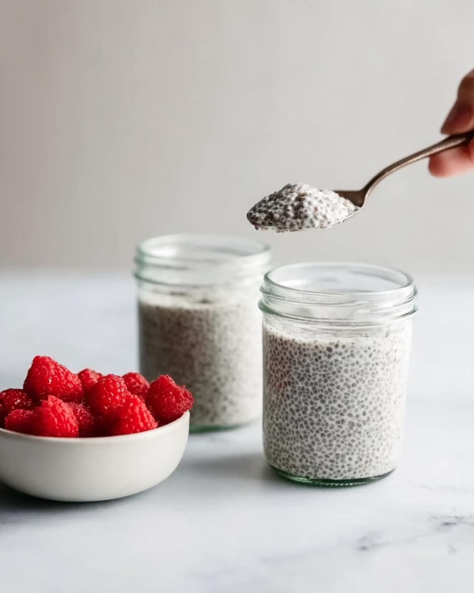 The image shows two clear glass jars filled with a white chia seed pudding that has a slightly lumpy texture from the soaked seeds. One jar is slightly taller and fuller than the other. Above the jars, a spoon held by a woman's hand is lifting a portion of the pudding, showing its thick and soft consistency. In the background, slightly out of focus, there is a white bowl filled with bright red raspberries. The scene is set on a white marbled surface, giving a clean and fresh look. photo taken with an iphone --ar 4:5 --v 7