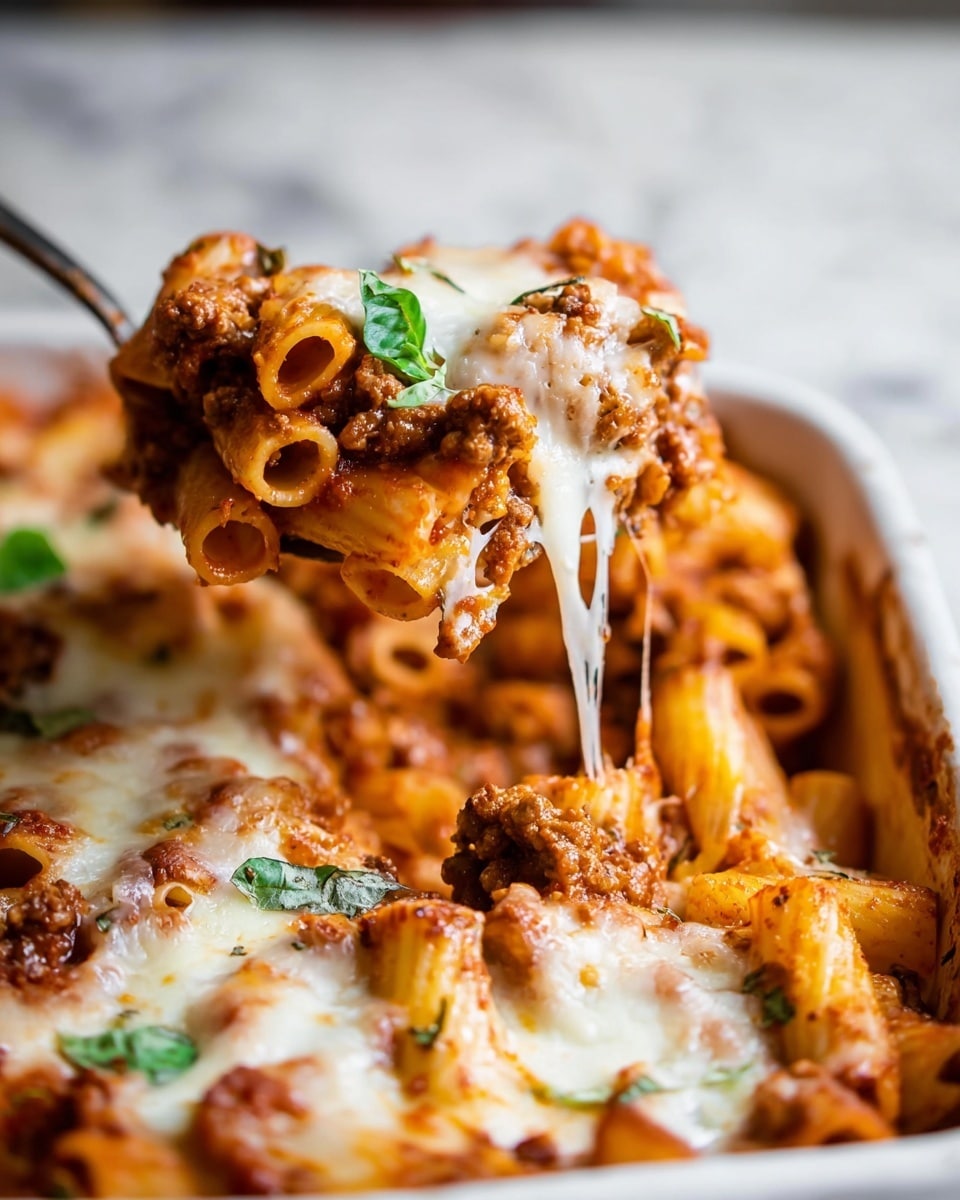 The image shows a close-up of a slice of baked pasta being lifted from a white dish on a white marbled surface. The pasta layers include rigatoni pasta coated in a meaty tomato sauce with ground meat, topped with melted white cheese that stretches as the slice is lifted. Small green basil leaves are scattered on top, adding a fresh touch of color. The pasta looks rich and saucy with a golden-brown baked crust visible in the dish. Photo taken with an iphone --ar 4:5 --v 7