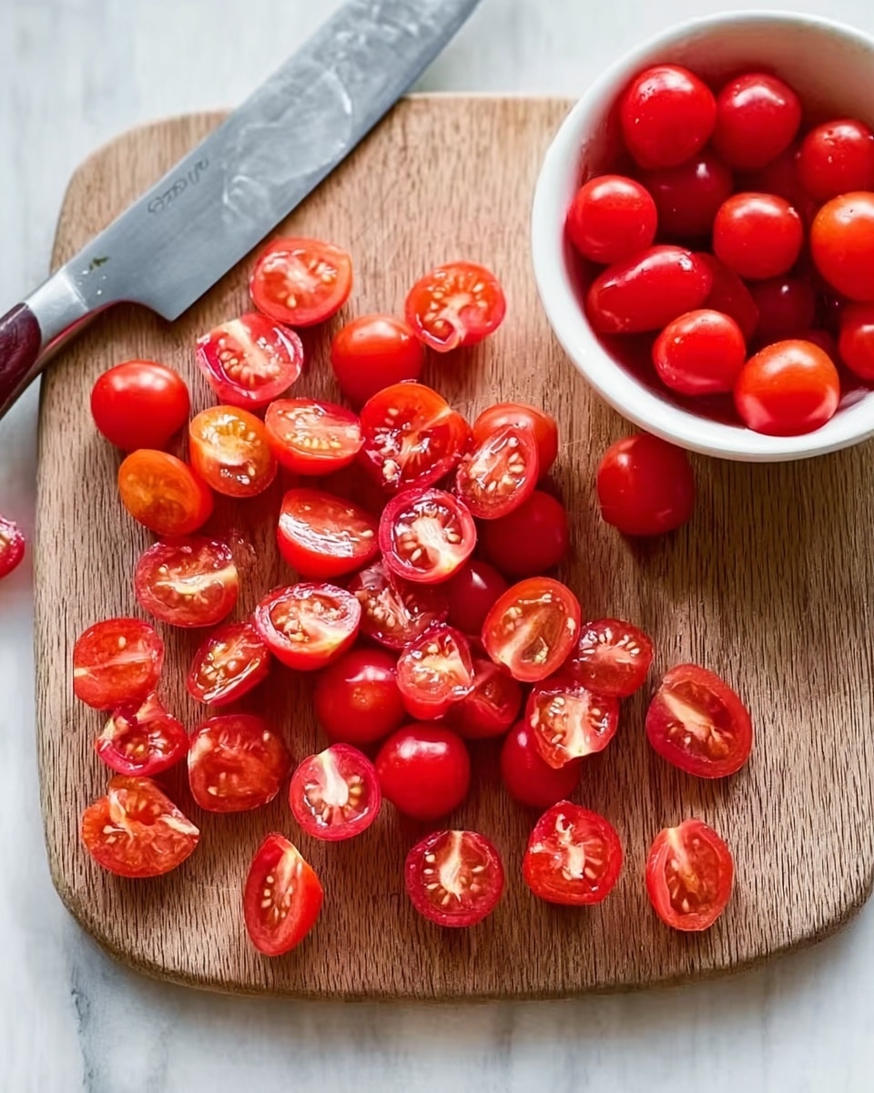 The image shows a wooden board with many bright red cherry tomatoes that have been sliced in half, revealing their juicy interiors with small seeds. Some whole cherry tomatoes are spilling out of a white bowl placed at the top right corner of the board. A large knife with a silver blade and a dark handle sits at the upper left side of the board. The background is a white marbled surface. Photo taken with an iphone --ar 4:5 --v 7