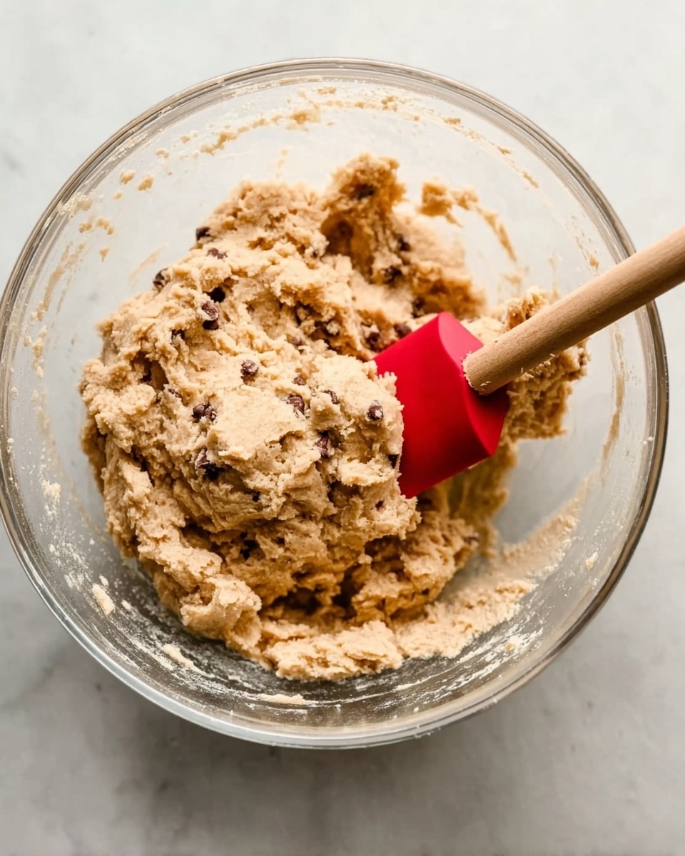 A clear glass bowl filled with thick, beige cookie dough that has small dark spots, likely chocolate chips, scattered throughout. A wooden spoon with a red silicone spatula tip is partially stuck into the dough from the top right side of the bowl. The bowl is set on a white marbled surface, and the texture of the dough looks soft but firm, showing some roughness from the mix-ins. Photo taken with an iphone --ar 4:5 --v 7