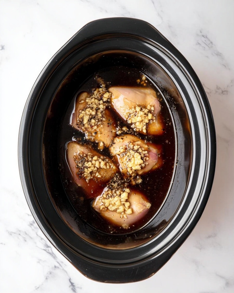 The image shows a black oval crockpot filled with four pale pink chicken pieces arranged in a single layer at the bottom. The chicken is topped with light yellow minced garlic and sprinkled with black pepper. Rich dark brown sauce is poured over the chicken, pooling around and partly covering each piece. The crockpot sits on a white marbled surface. photo taken with an iphone --ar 4:5 --v 7
