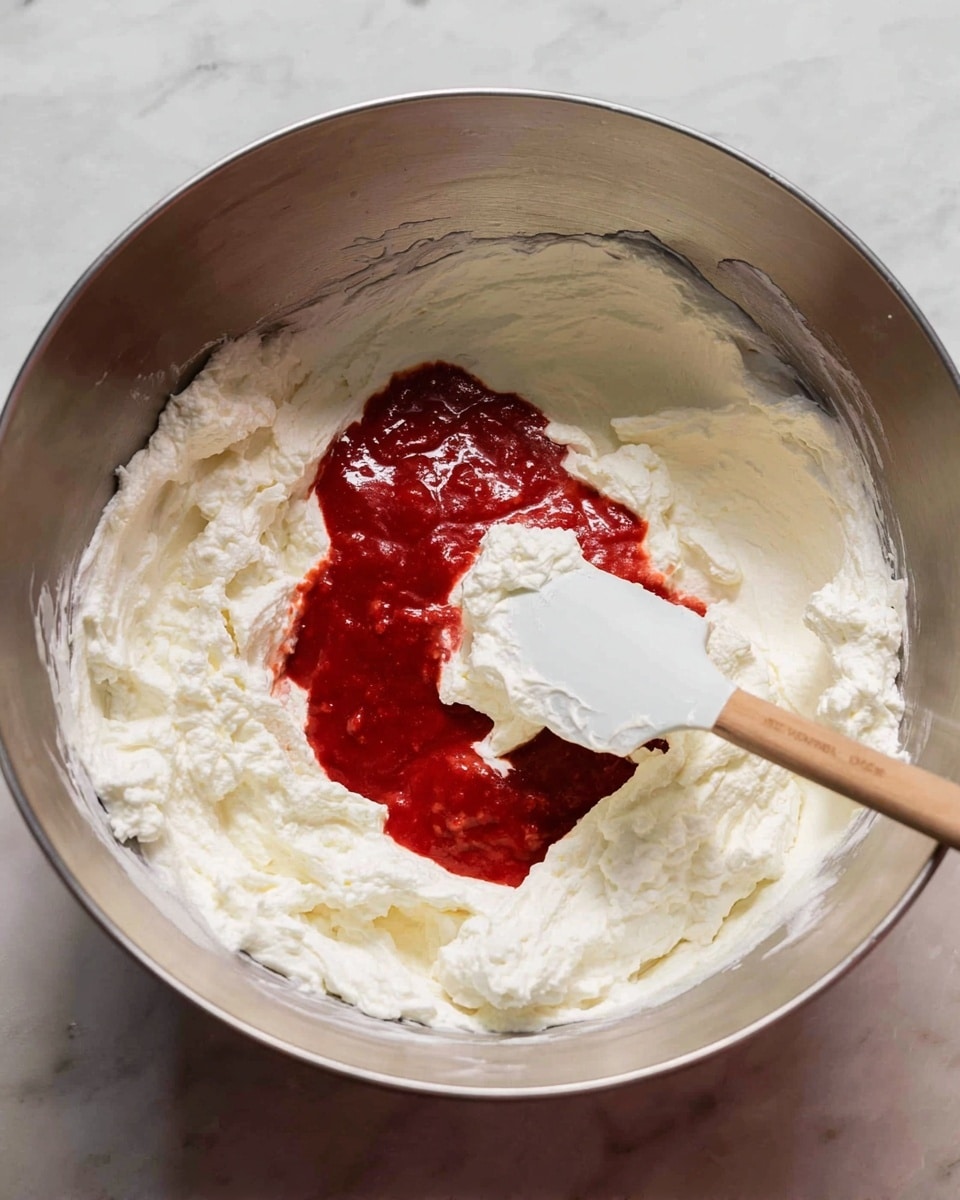 A large metal bowl holds two main layers inside it: a thick, fluffy white cream that fills most of the bowl with a soft texture and a smooth, spread-out bright red sauce sitting on top of the cream, near the center. A white spatula with a wooden handle is resting inside the bowl, partially covered in the white cream and touching both layers. The bowl sits on a white marbled surface, creating a clean, simple background. photo taken with an iphone --ar 4:5 --v 7