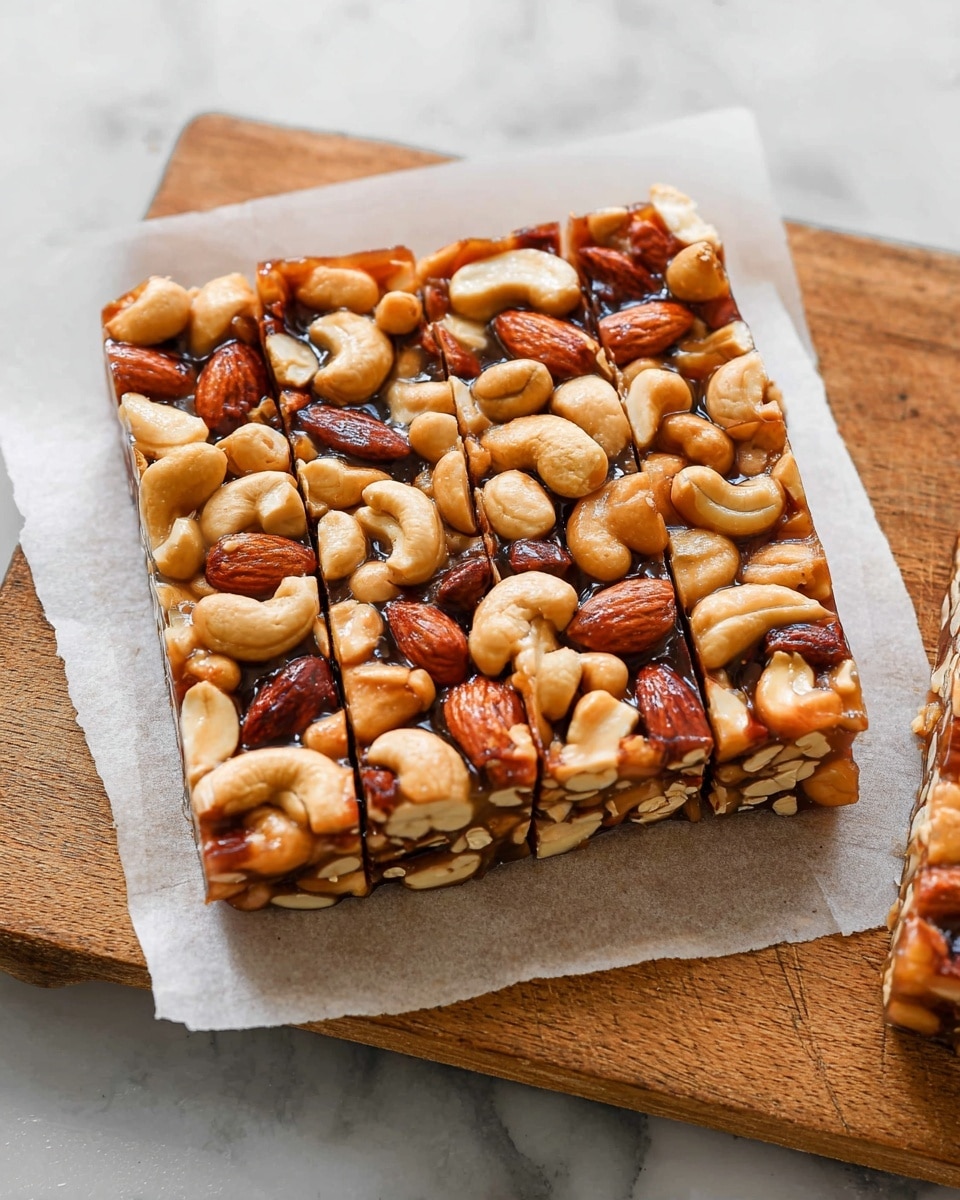A square nut bar sits on white parchment paper, placed on a wooden board with a white marbled background visible below. The bar is thick with three layers of various nuts: large brown almonds, light beige cashews, and smaller light brown peanuts. The nuts are packed tightly together in a sticky, translucent layer that holds them in place. The bar is cut into thin, long rectangular slices but still kept whole. Photo taken with an iphone --ar 4:5 --v 7