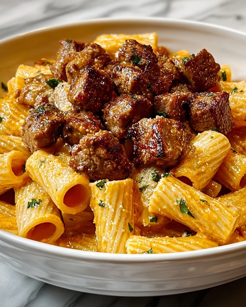 This dish shows a white bowl filled with rigatoni pasta layered at the bottom, coated in a creamy orange sauce with visible green herb specks. On top of the pasta, there is a layer of cubed cooked meat, browned and slightly glistening, evenly spread over the pasta. The bowl is placed on a white marbled surface. The lighting highlights the texture of the pasta and meat, making the dish look rich and appetizing photo taken with an iphone --ar 4:5 --v 7