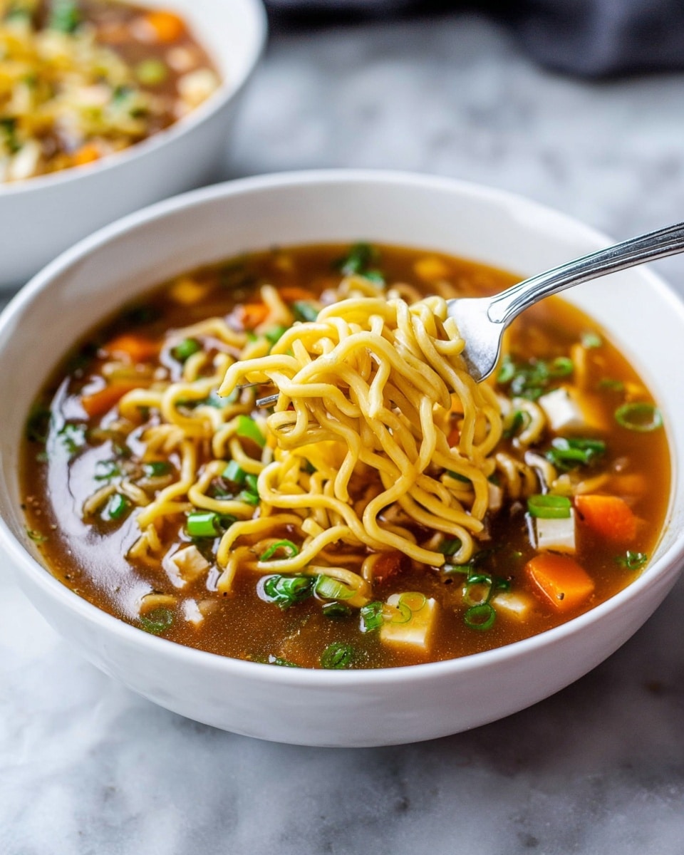 A white bowl filled with clear brown broth holding yellow curly noodles lifted with a silver fork. The soup contains small pieces of orange carrot slices, white tofu cubes, and green chopped scallions scattered throughout the broth. The bowl sits on a white marbled surface, and part of another bowl is visible in the blurred background. The overall look is fresh and warm with a mix of soft and chunky textures. Photo taken with an iphone --ar 4:5 --v 7
