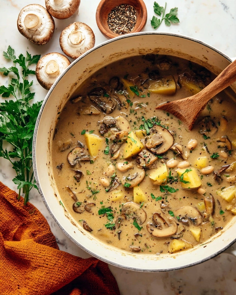 A large white pot filled with a creamy mushroom stew showing several layers: the base broth is light brown and thick, mixed with sliced light brown mushrooms scattered throughout. Chunky yellow potato pieces sit mixed inside the stew, with small white beans adding texture. Fresh green parsley bits are sprinkled on top, adding a pop of color. A wooden spoon rests inside the pot, partly submerged in the stew. Around the pot, whole mushrooms, a bunch of fresh parsley, and a small brown bowl of cracked black pepper are placed on a white marbled surface, with an orange cloth to the side. photo taken with an iphone --ar 4:5 --v 7