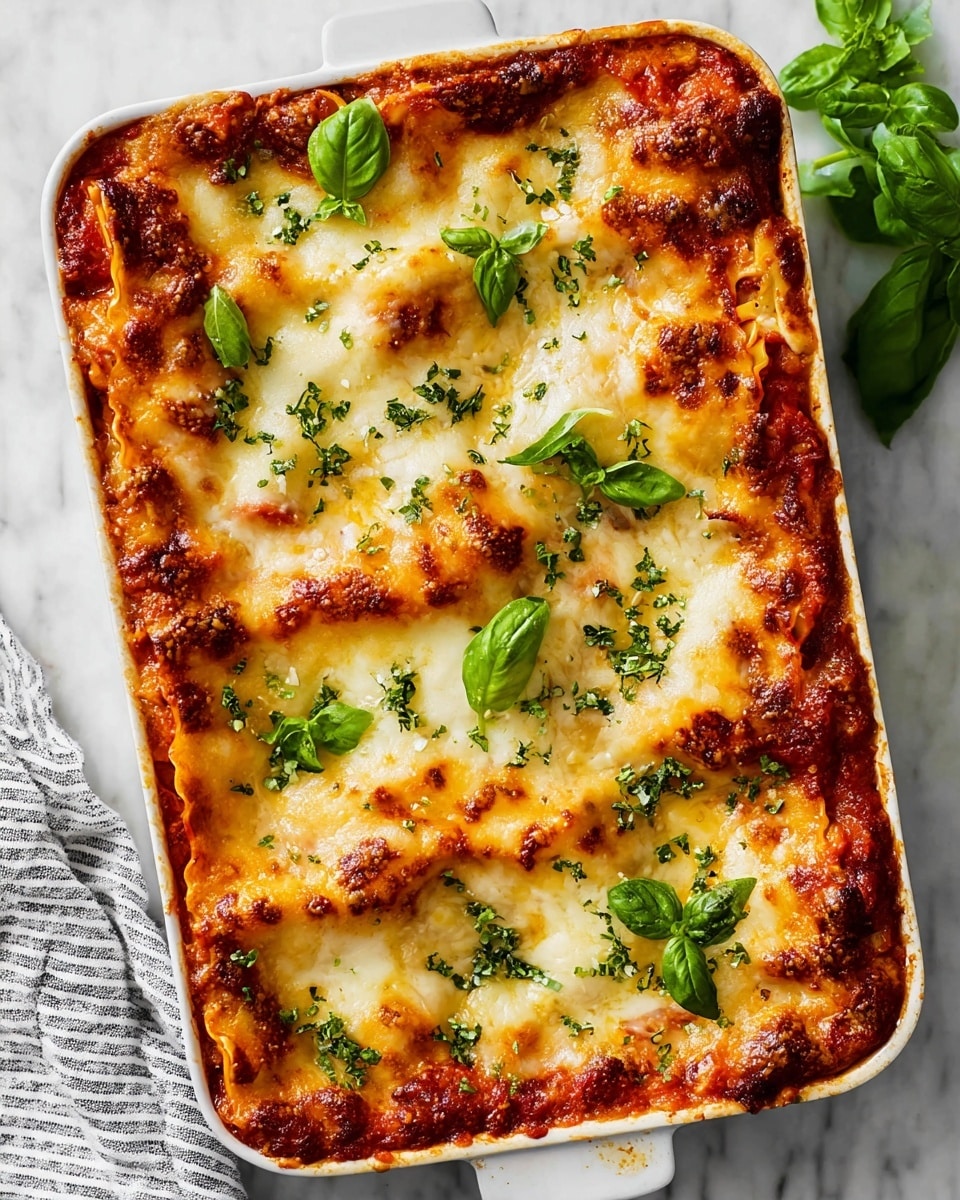 A rectangular white baking dish filled with four visible layers of lasagna, each layer showing a mix of red tomato sauce, melted light golden cheese, and slightly browned edges. The top layer is mostly covered with bubbly, melted cheese that has a smooth and creamy texture, decorated with fresh bright green basil leaves scattered evenly. The white marbled surface beneath and around the dish adds a clean and fresh look, while a striped cloth and extra basil leaves are partly visible near the top right corner. photo taken with an iphone --ar 4:5 --v 7