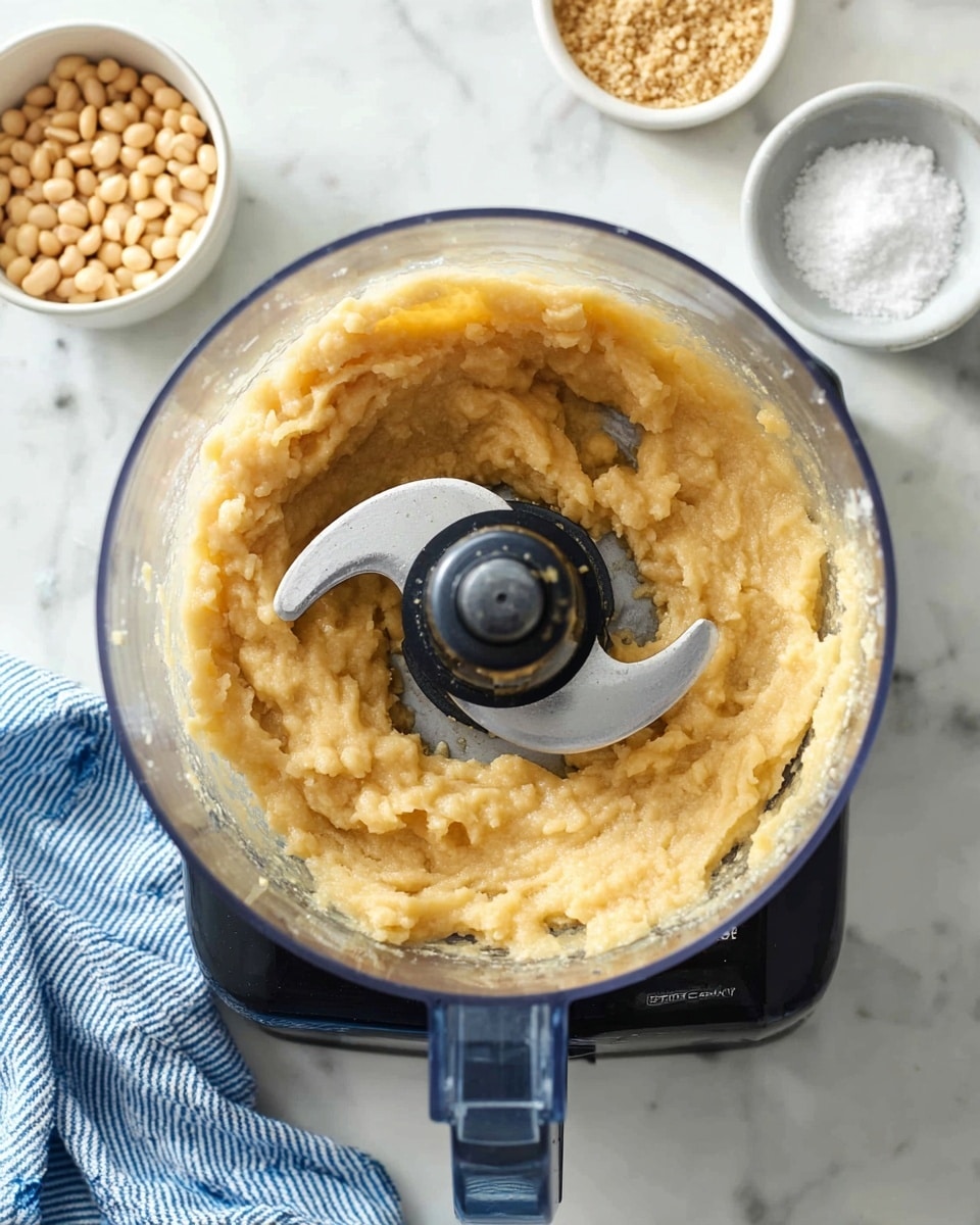 A top view of a food processor bowl with a black base showing a thick, pale yellow mixture inside. The mixture sits mostly along the sides of the clear bowl, leaving the sharp, curved silver blades at the center visible. To the left of the processor, there is a small white bowl filled with light tan beans and a white bowl of salt, all placed on a white marbled surface with a blue and white striped cloth nearby. photo taken with an iphone --ar 4:5 --v 7