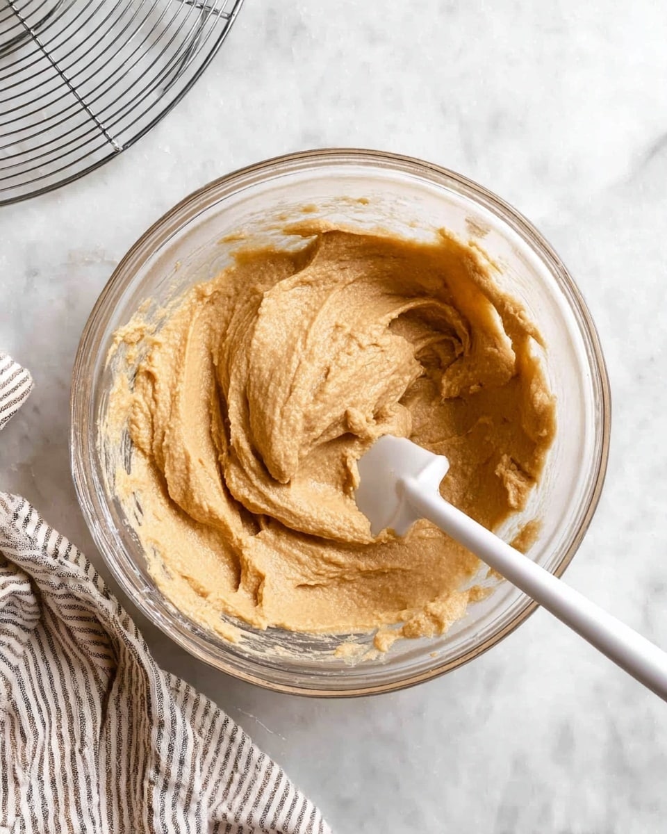 The image shows a clear glass bowl filled with light brown, smooth dough mixed evenly. A white spatula rests inside the bowl, with dough on its edge. The bowl sits on a white marbled surface, and a striped cloth is partially visible on the left side. A round metal cooling rack is on the left top corner with its edge entering the frame. The scene is well-lit, focusing on the dough texture and the mixing tool photo taken with an iphone --ar 4:5 --v 7