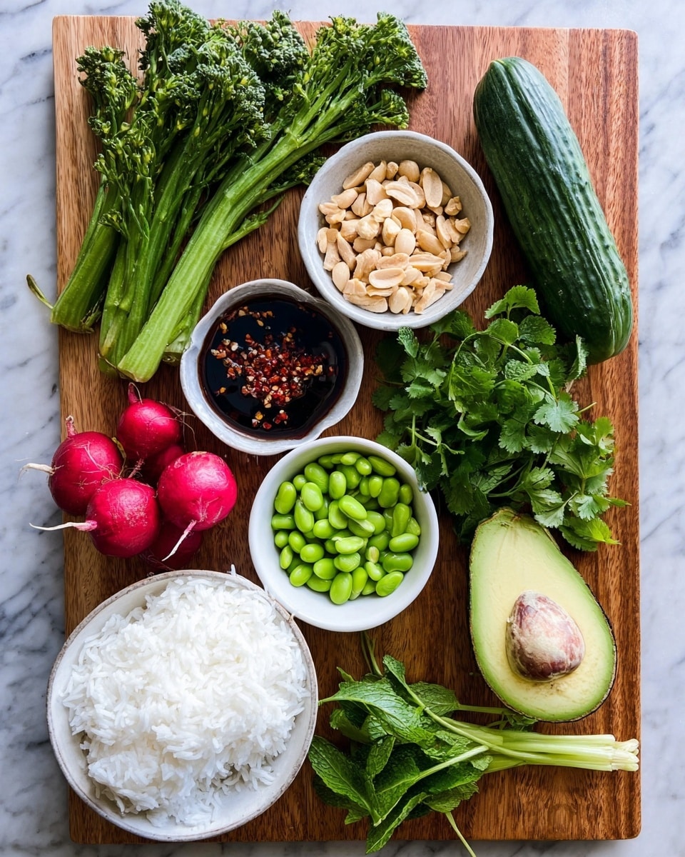 A wooden board on a white marbled surface holds fresh ingredients arranged neatly; a bunch of green broccolini is on the left, a small white bowl with dark sauce and red chili flakes sits above center, and a whole cucumber lies next to it on the right; below the sauce bowl is a small white bowl filled with salted peanuts, and beside it are four bright red radishes; at the bottom left, a white bowl with fluffy white rice is placed, near a small white bowl of fresh green edamame beans; leafy green herbs, including cilantro and mint, rest on the right side along with green onion stalks; a halved avocado with visible seed is positioned near the center right. photo taken with an iphone --ar 4:5 --v 7