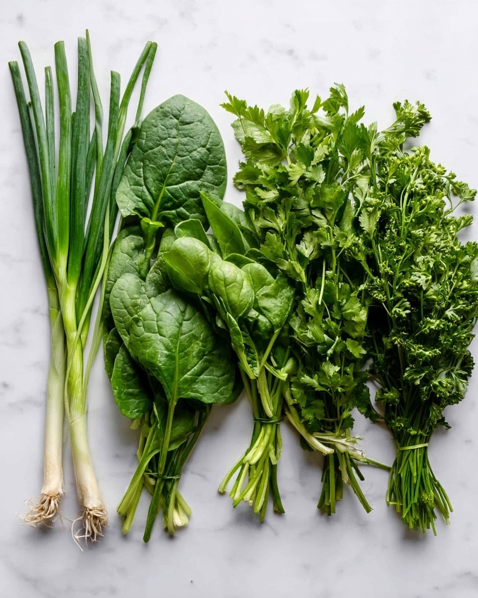 The image shows four types of fresh green herbs and vegetables laid out side by side on a white marbled surface. From left to right, there are long, slender green onions with white tips, dark green spinach leaves with a smooth texture, a bunch of curly cilantro with bright green small leaves, and another bunch of parsley with finely divided leaves that are a lighter shade of green. Each group is neatly arranged in a small bundle, showing the varying shapes and textures of their leaves and stems. photo taken with an iphone --ar 4:5 --v 7
