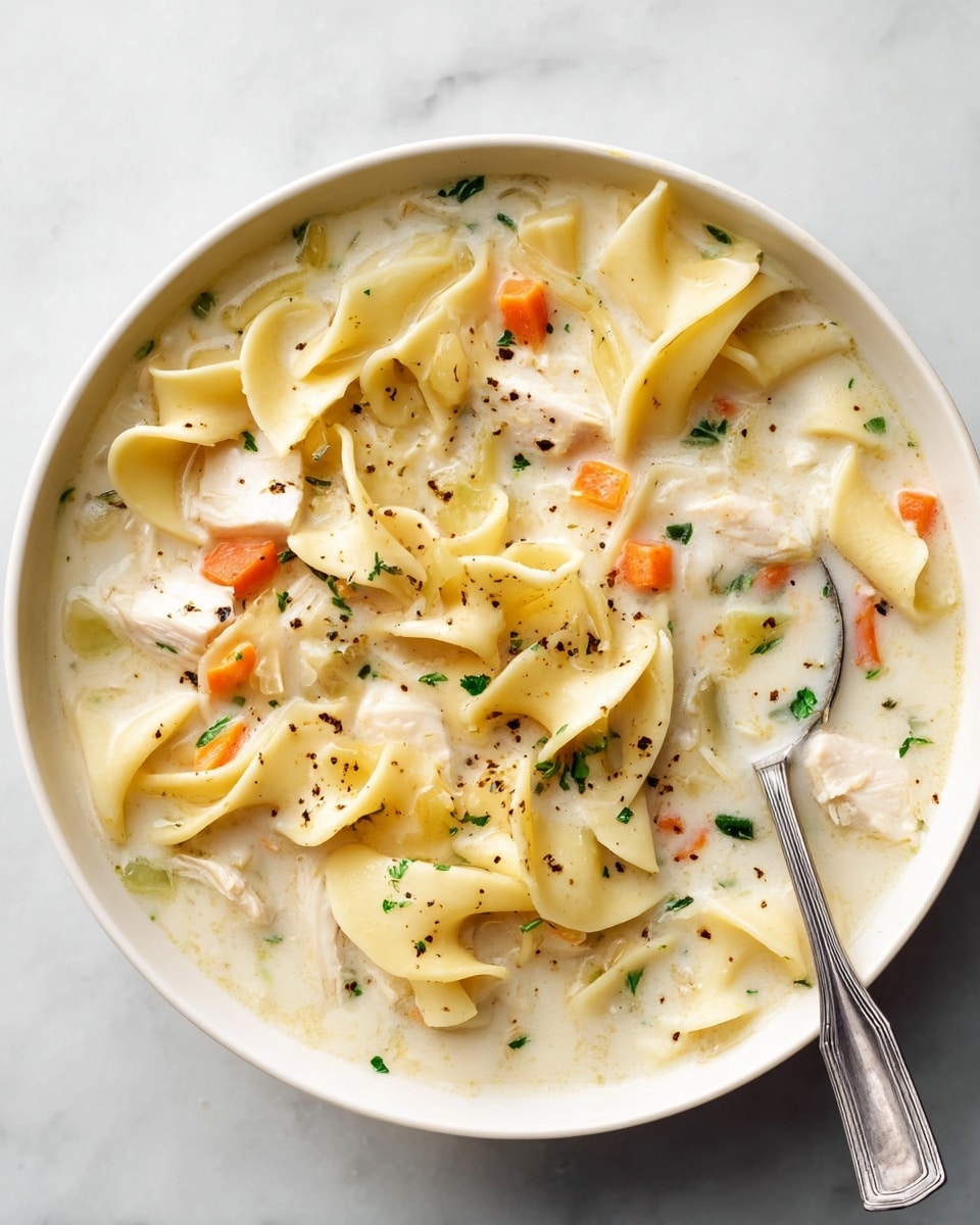 The image shows a white bowl filled with a creamy chicken noodle soup. The soup has broad, flat egg noodles that are light yellow and soft, lying in a thick, white cream broth. There are small chunks of white chicken meat scattered throughout, along with tiny diced orange carrots and small green herbs floating on top. Black pepper is lightly sprinkled over the surface, and a silver spoon rests inside the bowl on the right side. The bowl is placed on a white marbled surface. photo taken with an iphone --ar 4:5 --v 7
