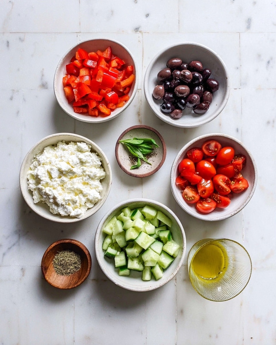 The image shows seven small white bowls arranged on a white marbled surface. Starting from the top left, there is a bowl with chopped red bell peppers, bright and shiny with a smooth texture. To the top right, a bowl with glossy black and purple olives. In the middle right, a bowl filled with creamy white cottage cheese that has a soft, slightly lumpy texture. Below the peppers, a bowl contains cut cherry tomatoes, vibrant red with a juicy interior visible. At the bottom center, a bowl with evenly diced green cucumbers showing a fresh, crisp texture. To the bottom right, a small wooden bowl holds a few green basil leaves. The smallest bowl at the bottom left contains dried herbs, brown and finely crushed. Finally, at the bottom right corner, a small ribbed glass container holds golden olive oil. photo taken with an iphone --ar 4:5 --v 7