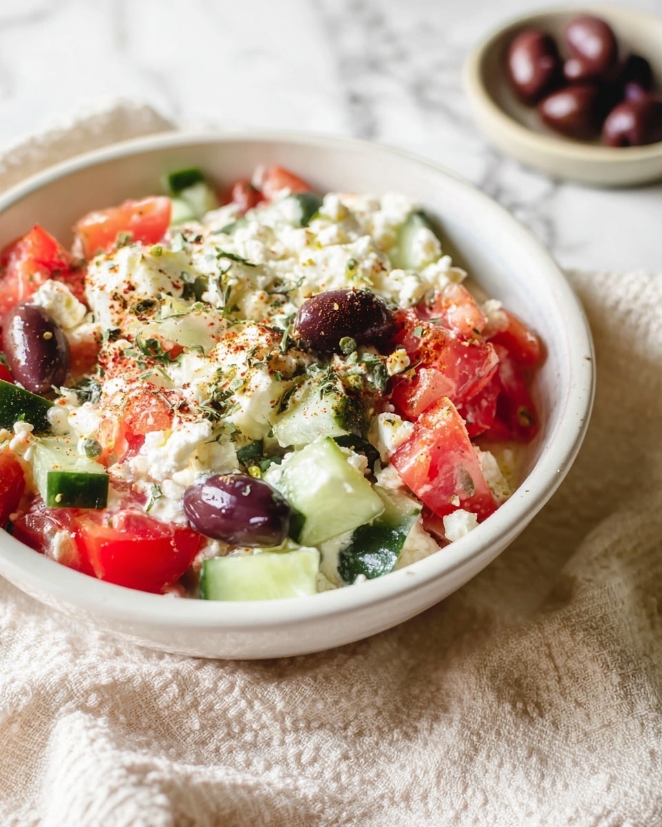 A white bowl holds a colorful salad layered with diced red tomatoes, chopped green cucumbers, and several whole dark purple olives. There is a layer of white cottage cheese mixed throughout, sprinkled with black pepper and some reddish spices. Fresh green herbs are scattered on top. The bowl sits on a soft, beige textured cloth, and a small dish with more dark purple olives is blurred in the background on a white marbled surface. Photo taken with an iphone --ar 4:5 --v 7