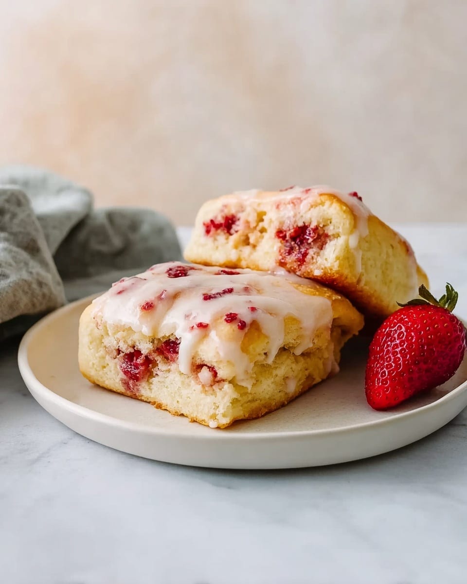 The image shows a white plate on a white marbled surface holding two pastry pieces. The front pastry is a square with a soft texture, topped with a white icing glaze that has dripped slightly down the sides, and red berry bits mixed into the icing. Behind it, a second pastry is open to show its inside layers, revealing a light golden soft dough with a creamy filling layer and red berry topping on the surface. A red strawberry sits on the right side of the plate, and a woman's hand with a gray cloth is slightly visible on the left side. The scene is bright and clean with soft natural light. photo taken with an iphone --ar 4:5 --v 7