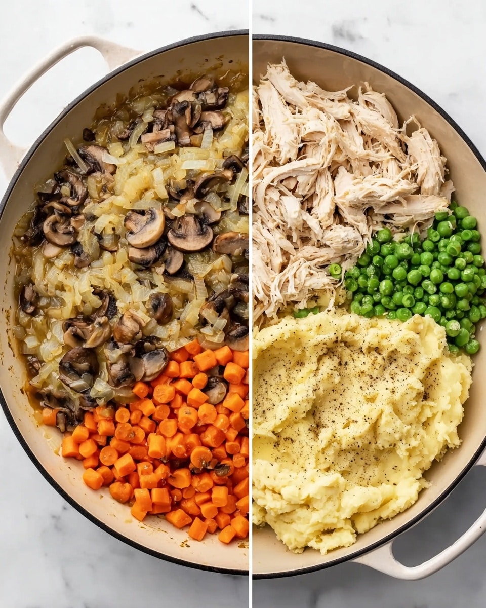 Two images show a white cast iron pan on a white marbled surface. The first image has a layer of cooked onions and sliced brown mushrooms inside the pan, with a light golden color and some parts browned. The second image shows three separate layers inside the same pan: bright orange diced cooked carrots with green peas on the top right, white shredded cooked chicken on the bottom left, and smooth pale yellow mashed potatoes with some black pepper on the bottom right. Photo taken with an iphone --ar 4:5 --v 7