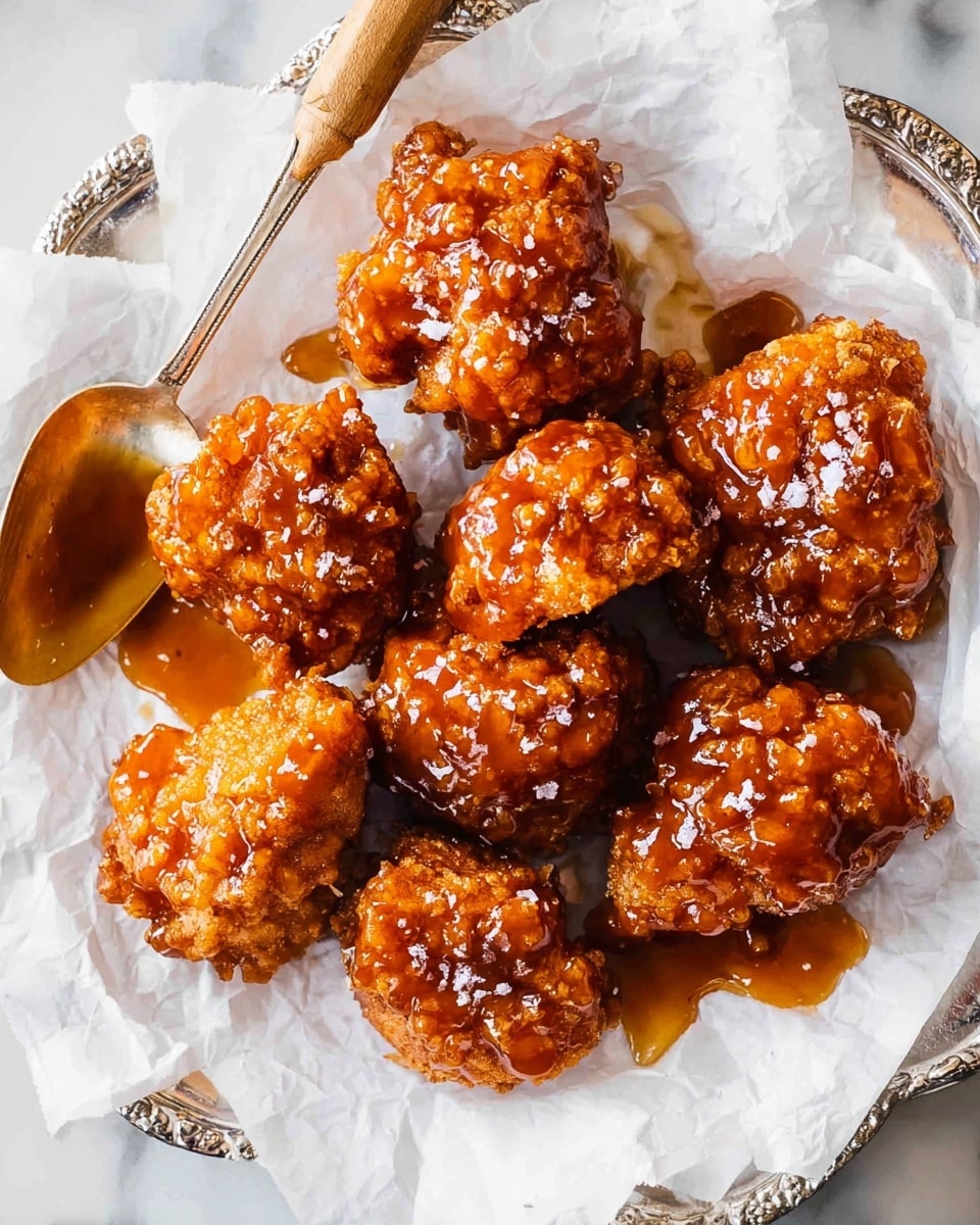 A white round plate lined with crinkled white parchment paper holds eight pieces of fried chicken, each coated generously with a shiny, thick amber-colored sauce that glistens under the light. The fried chicken pieces vary in shape and size, showing a crunchy, textured surface beneath the smooth sticky sauce. Some spots of coarse white salt crystals are sprinkled on top, adding a touch of contrast. A metal spoon with a wooden handle rests on the parchment with sauce dripping from it. The plate is set on a white marbled surface, highlighting the rich color of the sauce and the crispiness of the chicken pieces photo taken with an iphone --ar 4:5 --v 7