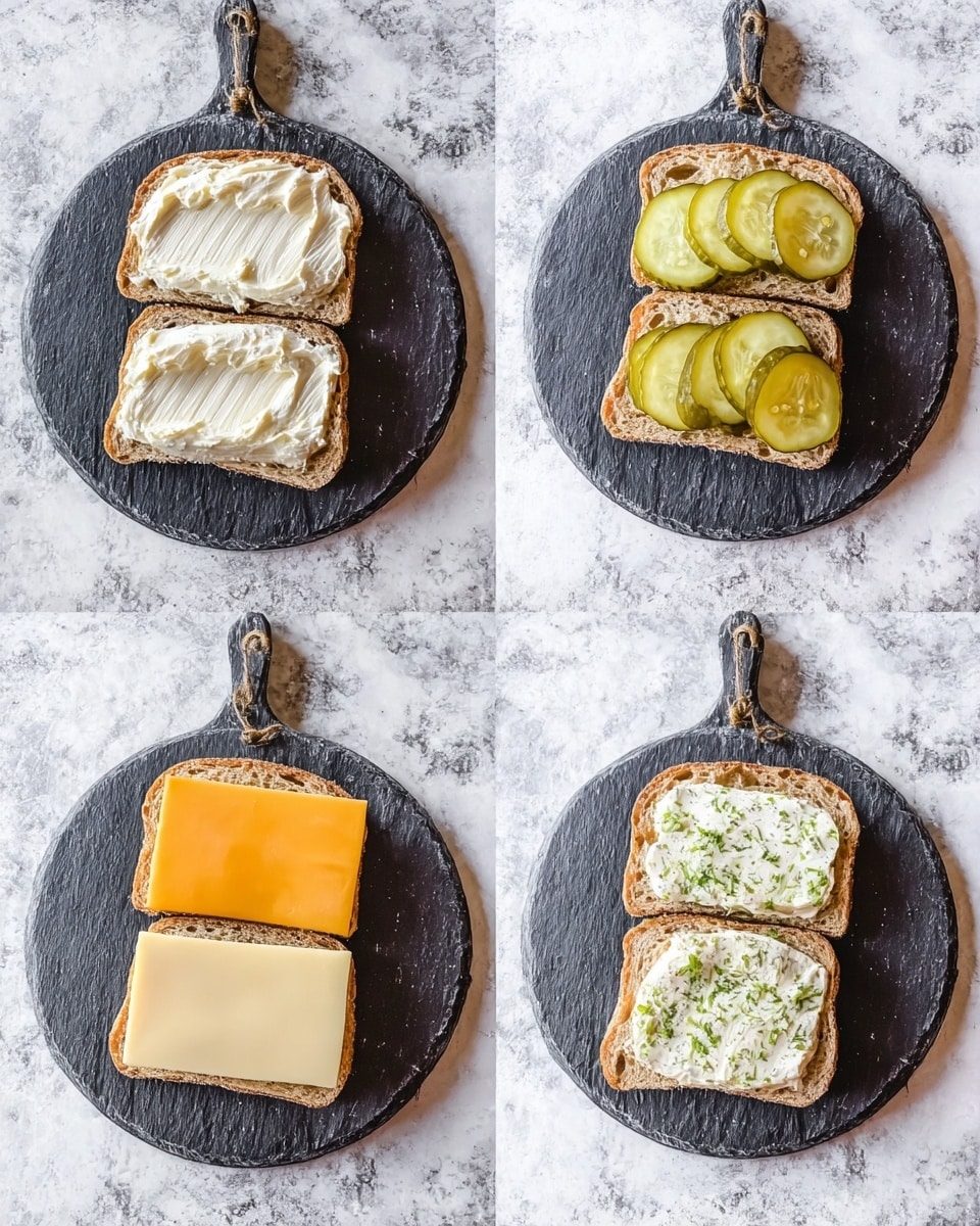 The image shows four stages of making a sandwich on a round dark grey stone board against a white marbled surface. In the first stage, there is a slice of bread covered with a thick, creamy white spread. In the second stage, six greenish-yellow pickle slices are arranged spaced out on top of the spread. In the third stage, two slices of cheese, one bright orange and the other white with green seasoning, are neatly placed over the pickles. In the final stage, the sandwich is closed with a second slice of seeded bread lightly spread with the same creamy white spread and sprinkled with green herbs. Photo taken with an iphone --ar 4:5 --v 7