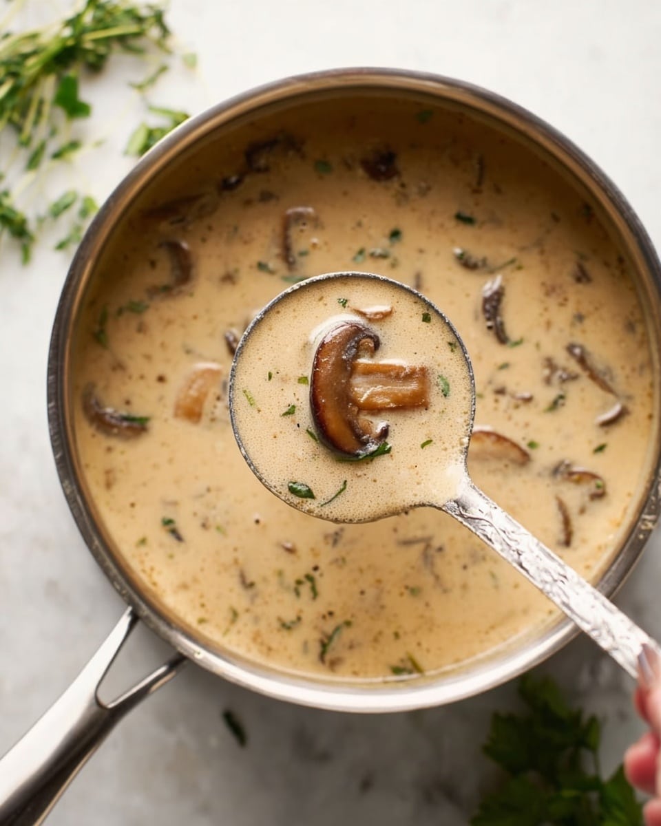 A pot filled with creamy light brown mushroom soup with visible small mushroom slices floating in it. A ladle, held by a woman's hand, is lifted above the pot, showing a portion of the soup with a larger piece of cooked mushroom in the center. The pot rests on a white marbled surface with some green leafy herbs seen on the side. The soup has a smooth, slightly thick texture with mushrooms distributed evenly throughout photo taken with an iphone --ar 4:5 --v 7