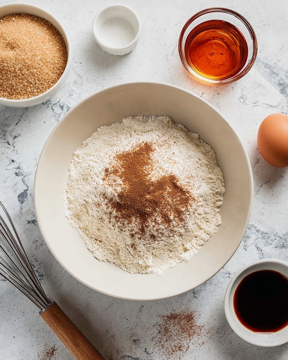 A white bowl on a white marbled surface holds a mix of white flour and brown cinnamon powder in one layer, with the flour forming a mound and the cinnamon sprinkled on top. Around the bowl, there is a container filled with light brown sugar, a glass cup with an amber liquid, a small white dish holding a brown egg, and a small white cup filled with dark liquid, likely vanilla extract. A metal whisk with a wooden handle rests on the surface next to the bowl. Photo taken with an iphone --ar 4:5 --v 7