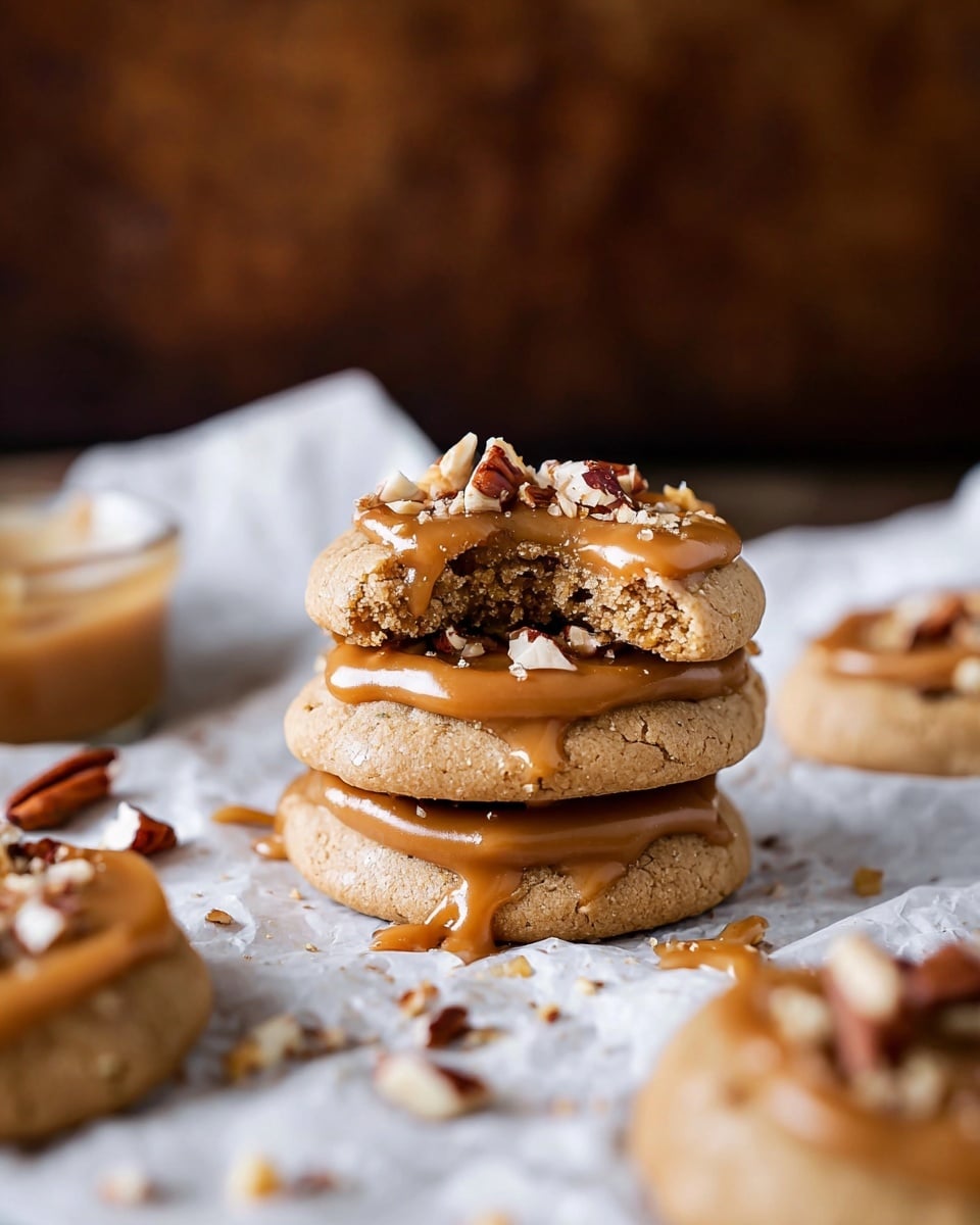 A stack of three light brown cookies sits on crumpled white parchment paper over a white marbled surface, each cookie topped with a smooth layer of caramel-colored sauce and small pieces of chopped nuts. The top cookie has a bite taken out, showing a soft, crumbly texture inside. More cookies with the same toppings are scattered around in the blurry background against a dark brown, rustic backdrop. The overall look is warm and inviting, with a focus on the rich sauce and nut contrast on the soft cookies. Photo taken with an iphone --ar 4:5 --v 7
