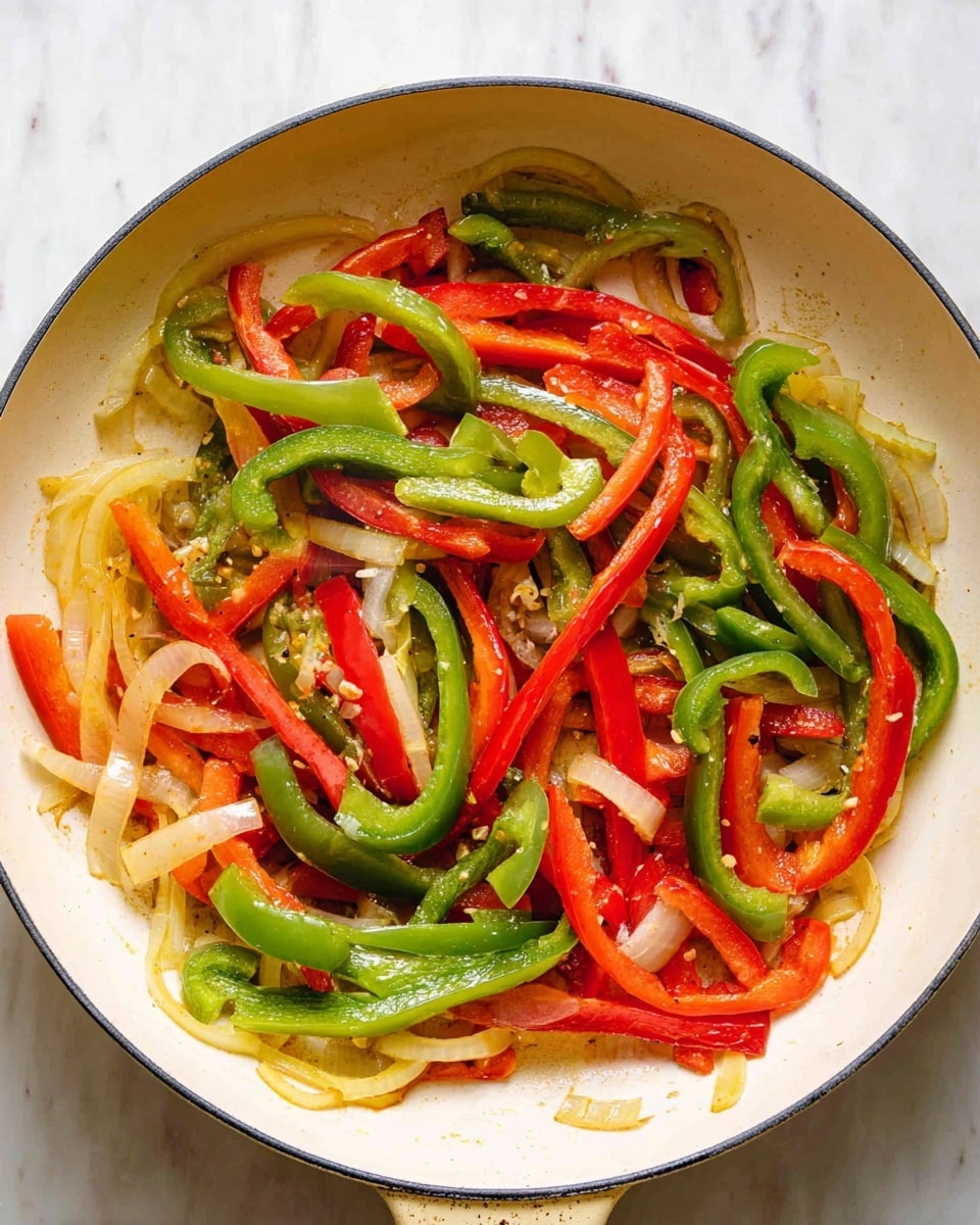 A close-up view of a white pan filled with sautéed sliced vegetables, showing two main layers: the bottom layer is made of thin, soft yellowish onion slices scattered across the pan, and the top layer features bright red and green bell pepper strips with a shiny, cooked texture. Some small bits of minced garlic or seasoning are sprinkled over the vegetables, adding tiny light brown and yellow specks. The pan rests on a white marbled surface, and no other objects are visible. photo taken with an iphone --ar 4:5 --v 7