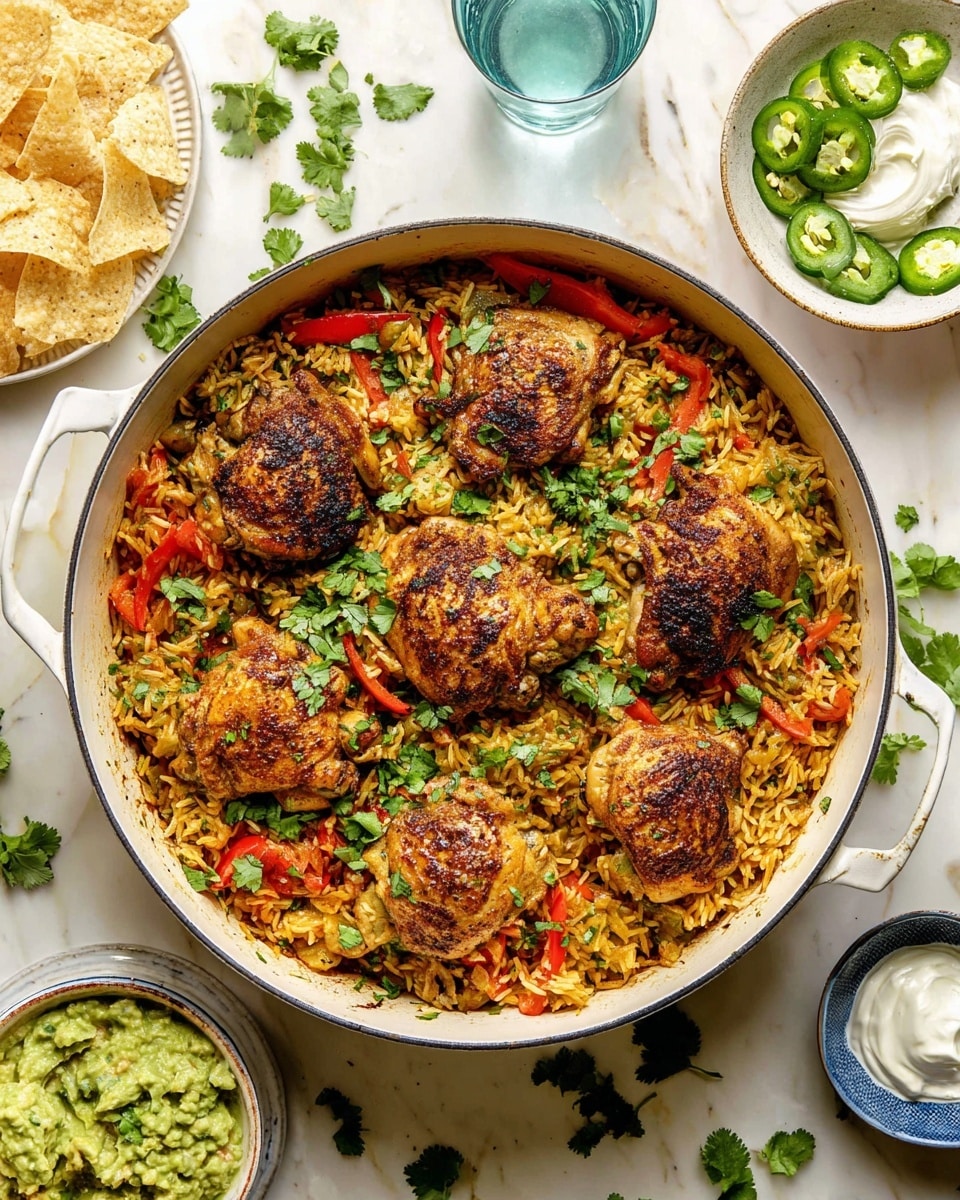 A large white pot filled with a mix of cooked rice and thinly sliced red and green bell peppers forms the base layer; on top, 10 pieces of browned, seasoned chicken thighs are spread evenly, each with a slightly crispy texture. The rice is golden with visible herbs and bits of vegetables, and fresh green cilantro leaves are sprinkled over the whole dish. Surrounding the pot are small white bowls holding creamy guacamole with green herbs, sour cream, sliced green jalapeños on a white plate, and white corn chips. The whole setting is on a white marbled surface with scattered cilantro leaves and a clear blue glass of water nearby. Photo taken with an iphone --ar 4:5 --v 7