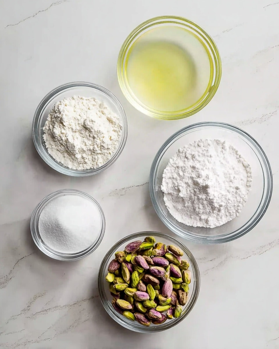 Five clear glass bowls are placed on a surface with white marbled texture, spaced apart. The top-left bowl contains white powdered flour with a soft, fine texture. To its right, the top-center bowl holds a pale yellow liquid with a smooth and shiny surface. Below them on the right, a larger bowl is filled with white powdered sugar, looking fluffy and light. To the left of this, a bowl contains white granulated sugar with a coarser texture. The bottom-right bowl is filled with whole pistachio nuts, showing a mix of green and purple hues with a slightly rough texture. The layout is simple and clean, with natural lighting highlighting the ingredients. Photo taken with an iphone --ar 4:5 --v 7