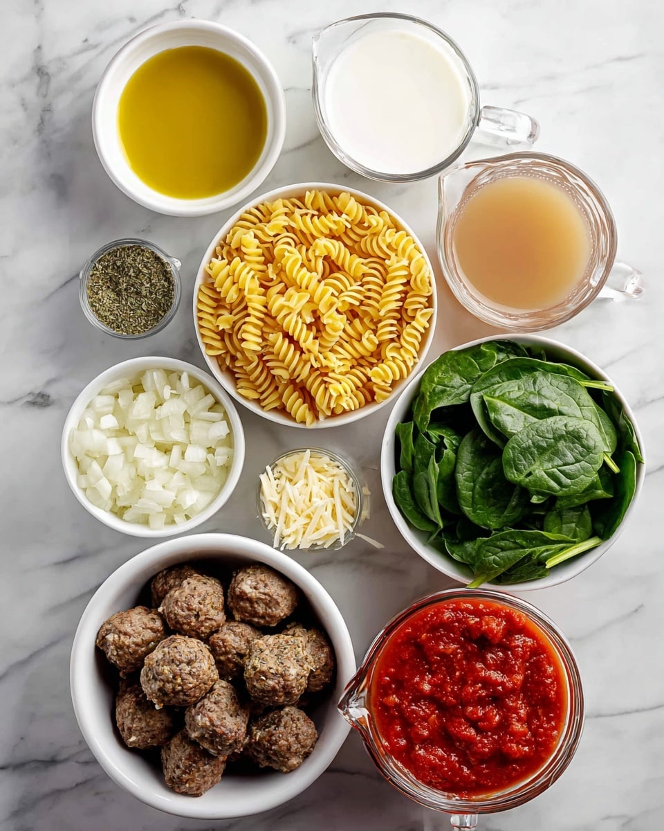 The image shows several white bowls and a glass measuring cup arranged on a white marbled surface. From top left to bottom right, there is a small white bowl with golden olive oil, a medium white bowl filled with uncooked yellow spiral pasta, a glass measuring cup with white milk, a small white bowl with grated light yellow cheese, a small white bowl with dried green herbs, a medium white bowl holding fresh dark green spinach leaves, a medium white bowl containing browned meatballs, a medium white bowl filled with chopped white onions, a can opened to reveal chunky red tomato sauce, and a glass measuring cup filled with light brown broth. All items are clear and bright, emphasizing the fresh and varied textures of the ingredients. Photo taken with an iphone --ar 4:5 --v 7