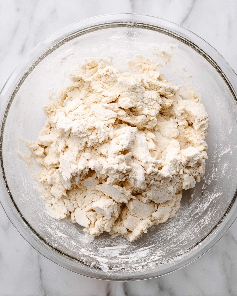 A clear glass bowl sitting on a white marbled surface holds a rough mixture of pale dough. The dough is uneven and crumbly with lumps of soft, off-white flour-based mixture gathered loosely together. Some loose flour dust coats the inside edges of the bowl, showing the early stage of mixing. photo taken with an iphone --ar 4:5 --v 7
