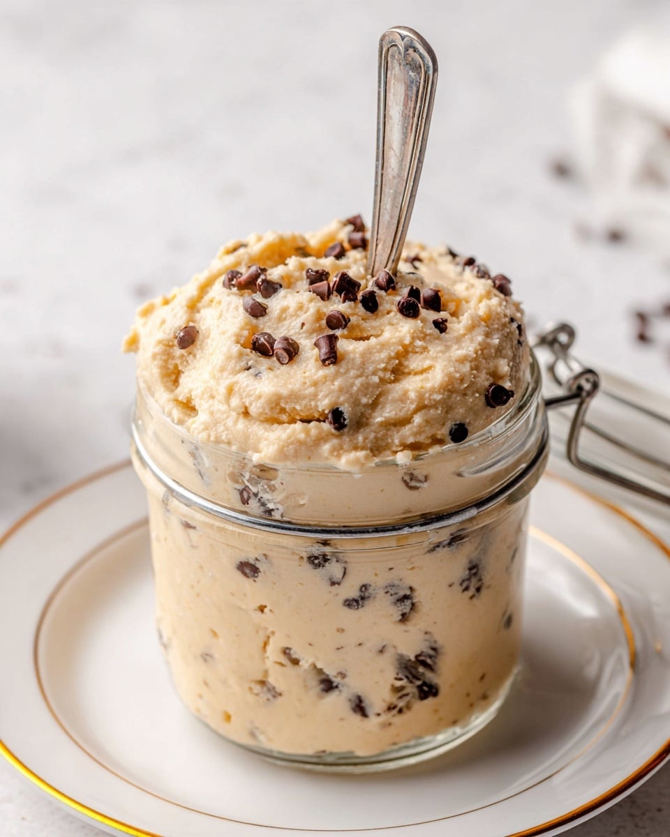 The image shows a clear glass jar filled with three layers of a light beige creamy dessert mixed with small dark chocolate chips. The top layer is overflowing slightly and looks soft and textured. Inside the jar, a silver spoon stands upright, touching the dessert on the top layer. The jar has a metal latch on the side and it sits on a white plate with a thin gold rim. The background is a white marbled texture with soft lighting. photo taken with an iphone --ar 4:5 --v 7