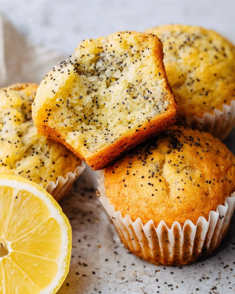 The image shows a close-up of three golden brown poppy seed muffins with a soft and moist inside. The top muffin is broken in half, revealing the fluffy, light yellow crumb speckled with black poppy seeds throughout. The muffins have a slightly rough texture on top with scattered poppy seeds. A halved lemon with a bright yellow rind and pale juicy inside sits on the left, adding a fresh color contrast. The muffins rest on white paper liners that have light brown baked marks. The whole setup is on a white marbled textured surface. photo taken with an iphone --ar 4:5 --v 7