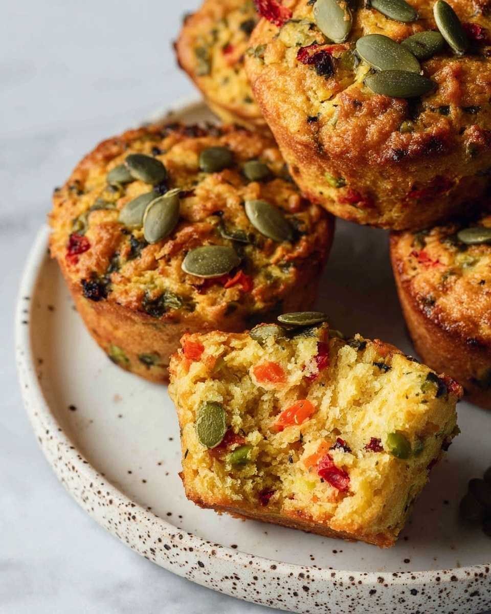 A close-up view of four savory muffins on a white marbled surface, one muffin is broken in half showing its inside moist texture filled with small red, green, and orange vegetable bits. The muffins have a slightly crispy golden-brown top sprinkled with green pumpkin seeds. They are placed on a round white plate with dark speckles, filling most of the frame with natural light highlighting the colors and texture. photo taken with an iphone --ar 4:5 --v 7