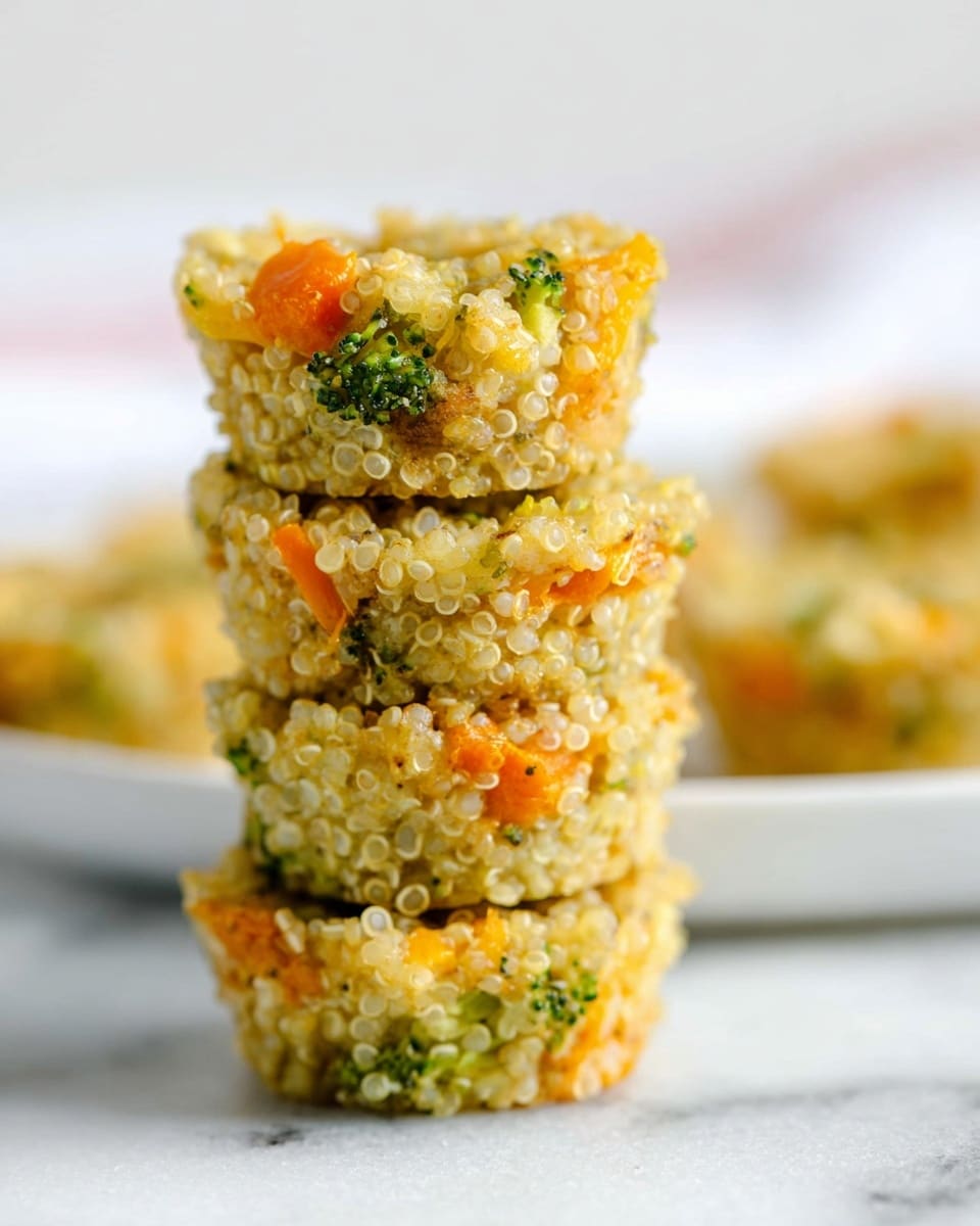 A close-up view of four stacked mini quinoa vegetable bites, each round and compact with visible bits of green broccoli, orange carrot, and melted light yellow cheese mixed with the quinoa. The texture looks soft and moist with small grain shapes clearly seen. In the background, more similar bites rest on a white plate, all placed on a white marbled surface. The scene is bright and clean with focused detail on the stack. photo taken with an iphone --ar 4:5 --v 7