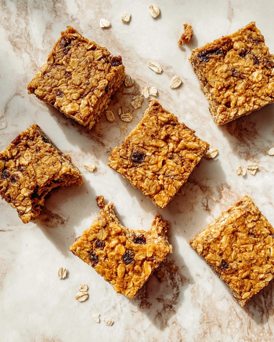 The image shows seven square oatmeal bars arranged on a white marbled surface. Each bar has a golden brown color with visible oats and small dark spots that look like raisins or chocolate chips. One bar in the center has a bite taken out of it, showing a dense, chewy texture inside. Small crumbs and oat pieces are scattered around the bars, adding a natural, rustic feel to the arrangement. The lighting is bright and natural, emphasizing the texture and color of the oatmeal bars. photo taken with an iphone --ar 4:5 --v 7