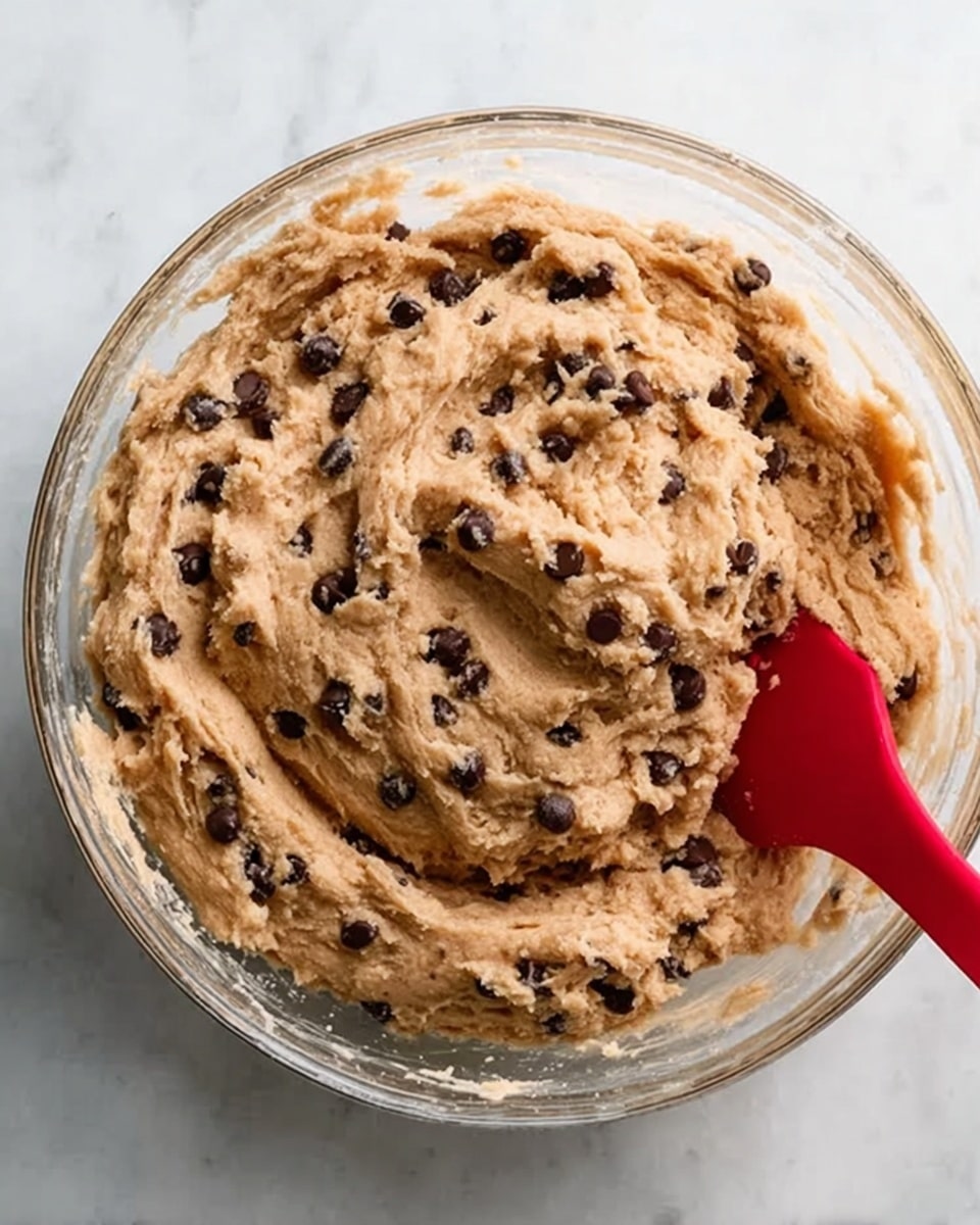 A clear glass bowl filled with thick, creamy cookie dough mixed with many small dark chocolate chips. The dough has a light brown color with a smooth but slightly textured surface, showing the chocolate chips spread evenly throughout. A red silicone spatula is partially visible on the right side, partially buried in the dough, giving a sense of mixing. The bowl sits on a white marbled surface, creating a clean and bright background. photo taken with an iphone --ar 4:5 --v 7