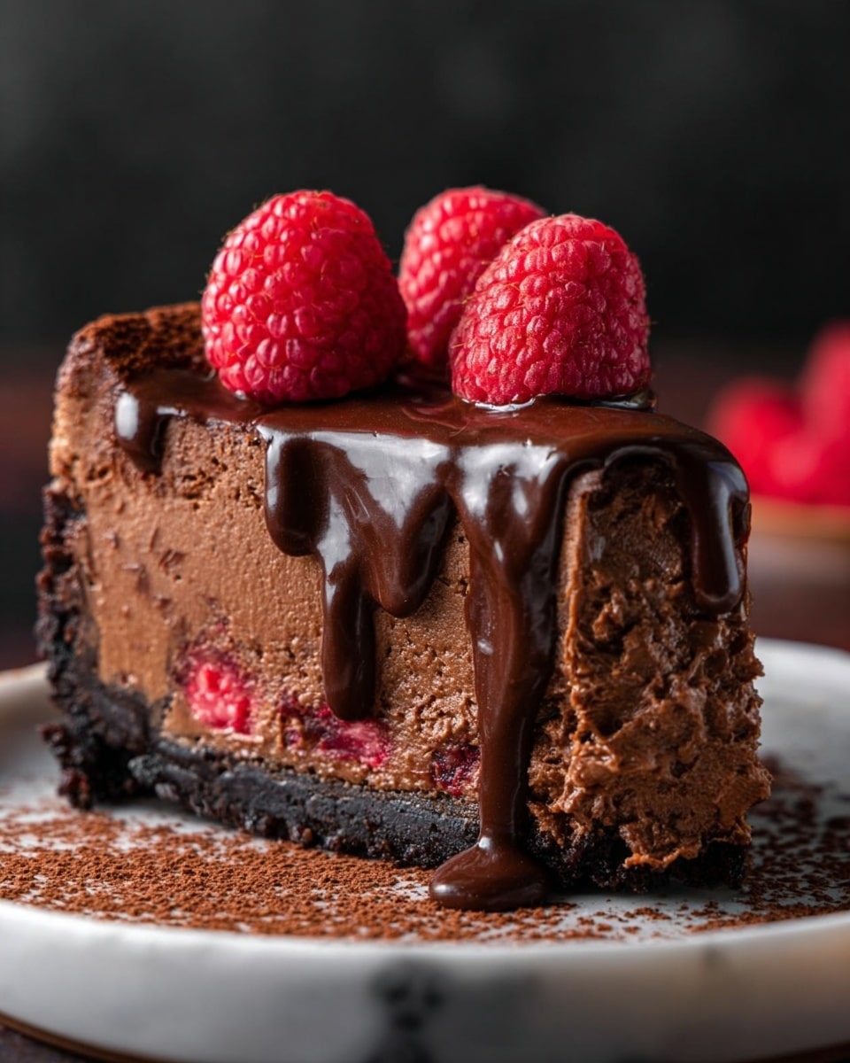 A thick slice of chocolate cheesecake sits on a white plate with a dark chocolate crust at the bottom. The cheesecake layer is rich brown and creamy with visible pieces of red raspberries inside. Thick, glossy dark chocolate sauce drips down the sides of the cheesecake. On top, there are three fresh red raspberries with a textured, bumpy surface. The plate rests on a white marbled surface with some cocoa powder dusted around the base of the slice. The background is dark, making the colors of the cake and raspberries stand out vividly. Photo taken with an iphone --ar 4:5 --v 7