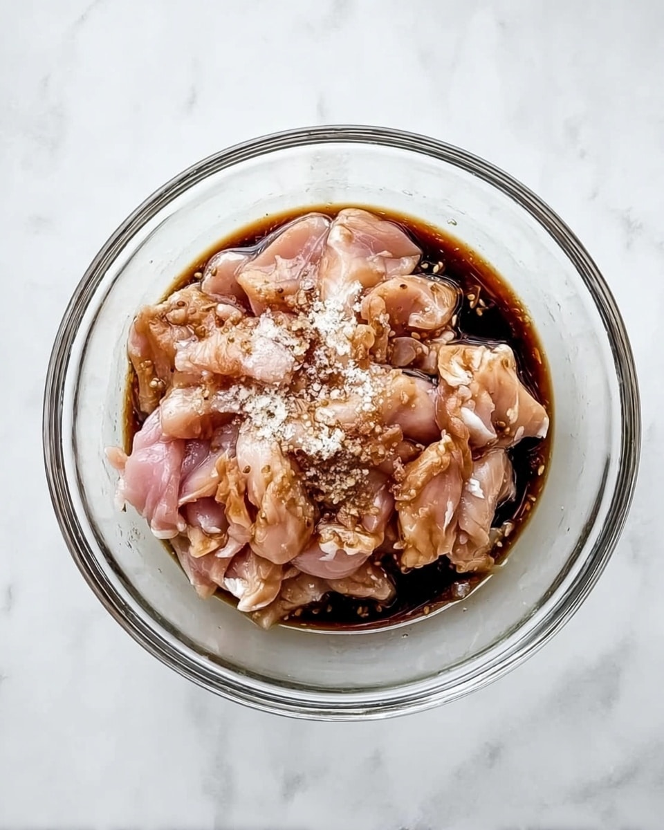 A clear round glass bowl on a white marbled surface holds pieces of raw chicken with a light pink color. The chicken is covered with dark brown soy sauce and sprinkled with white powder, likely seasoning. The mixture looks wet and shiny, with the chicken layered unevenly in the bowl. Photo taken with an iphone --ar 4:5 --v 7