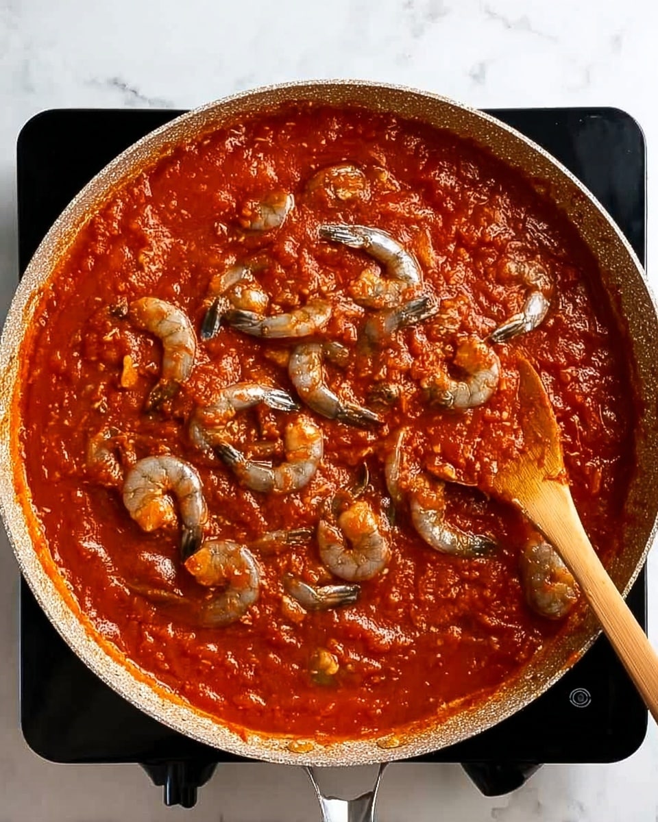 A large round pan filled with thick red sauce, spread evenly to cover the entire bottom. Within the sauce are raw grey shrimp scattered across the surface, some partially submerged. A wooden spoon is stirring the mixture at the bottom edge, held by a woman's hand. The pan is placed on a black cooktop, which is surrounded by a white marbled surface. photo taken with an iphone --ar 4:5 --v 7