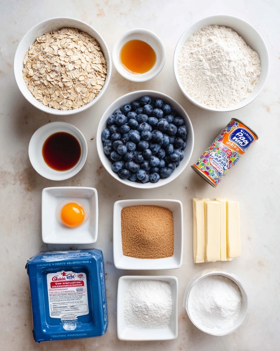 The image shows various baking ingredients arranged neatly on a white marbled surface. There are two large white bowls at the top, one filled with light beige rolled oats and the other with white flour. Below them is a small white dish with amber-colored vanilla extract. Next to it is a white bowl overflowing with fresh blueberries. To the right is a small can of sweetened condensed milk with colorful packaging leaning slightly. Below the oats and flour is a small white dish with a lone egg yolk. In the center is a square white bowl stacked with brown sugar. To the right are two sticks of salted butter in orange wrapping, one full and one partially used. At the bottom left is a blue package of cream cheese laying flat. Beside it is a small white dish with white powder, likely baking powder, and next to that is a square white bowl filled with white sugar. Everything is cleanly placed and well-lit. Photo taken with an iphone --ar 4:5 --v 7