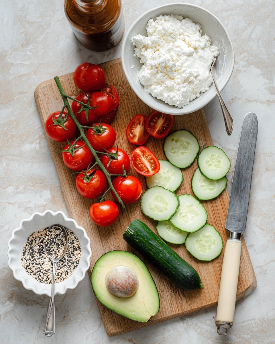 A wooden cutting board placed on a white marbled surface holds several colorful fresh ingredients. Along the left side, a bunch of bright red cherry tomatoes on the vine and some loose tomatoes, with a few sliced in half showing their juicy interiors. To the right of the tomatoes, there are several round slices of cucumber next to a half cucumber, dark green on the outside. Below the cucumber slices, a halved avocado with the seed still inside, showing the light green creamy flesh inside. Near the bottom left corner of the board, a small white scalloped bowl contains a mix of black and white sesame seeds with a silver spoon resting inside. A knife with a beige handle lies on the right side of the board, pointing upward. Above the cutting board, a white bowl filled with cottage cheese has a silver spoon inside. To the top left of the cutting board is a brown bottle with a cork top. photo taken with an iphone --ar 4:5 --v 7