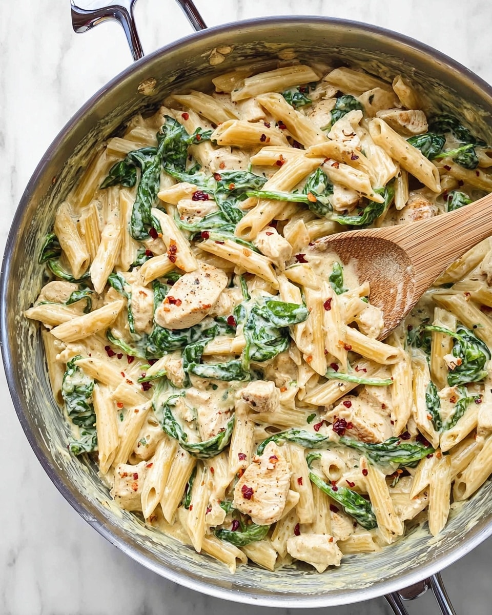 A large silver skillet filled with creamy penne pasta mixed with bite-sized white pieces of cooked chicken and bright green spinach leaves. There are small bits of red pepper flakes sprinkled on top, adding a speckled touch of red and black. A light wooden spoon is resting inside the skillet on the right side, partially covered by the pasta. The dish sits on a white marbled surface, showing the pasta in thick, creamy white sauce that coats everything evenly. Photo taken with an iphone --ar 4:5 --v 7