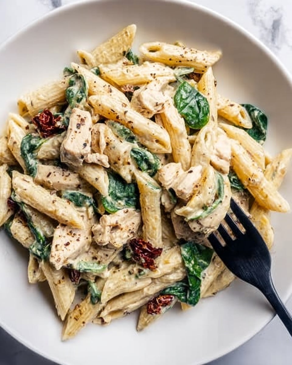 A white plate filled with creamy penne pasta mixed with pieces of light-colored chicken, green spinach leaves, and dark red sun-dried tomatoes. The pasta is coated in a white sauce with specks of black pepper sprinkled on top. A black fork is resting on the right side of the plate, with some pasta and chicken on its tines. The scene is set on a white marbled surface. Photo taken with an iphone --ar 4:5 --v 7